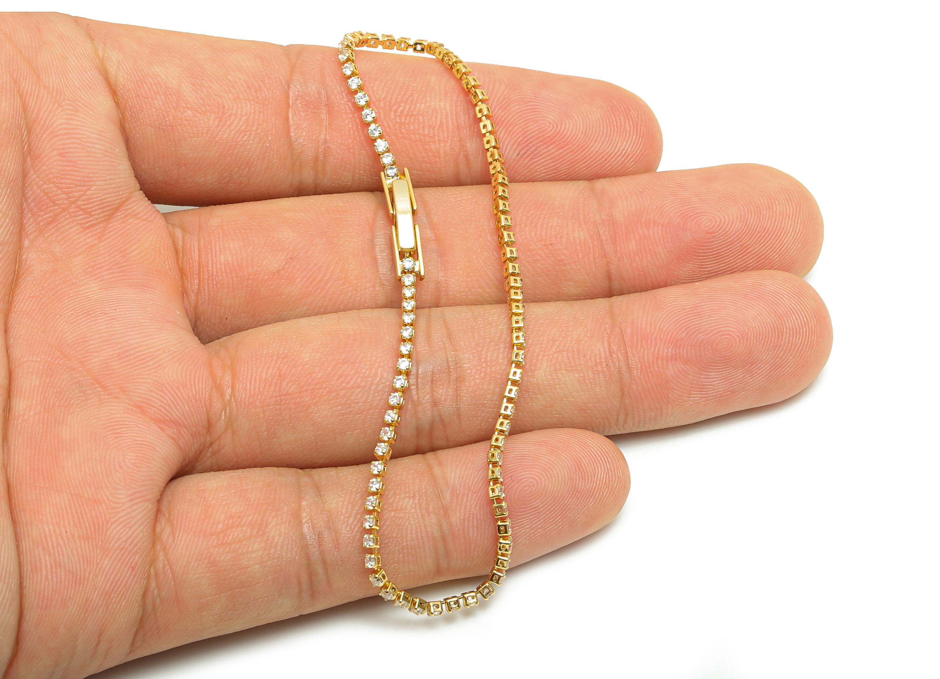 19cm Round Chain Bracelet - Brass White 1.5mm Round Bracelet - White Cubic Zircon Bracelet - 18K Real Gold Plated - RGP8630-19 - DOMEDBAZAAR