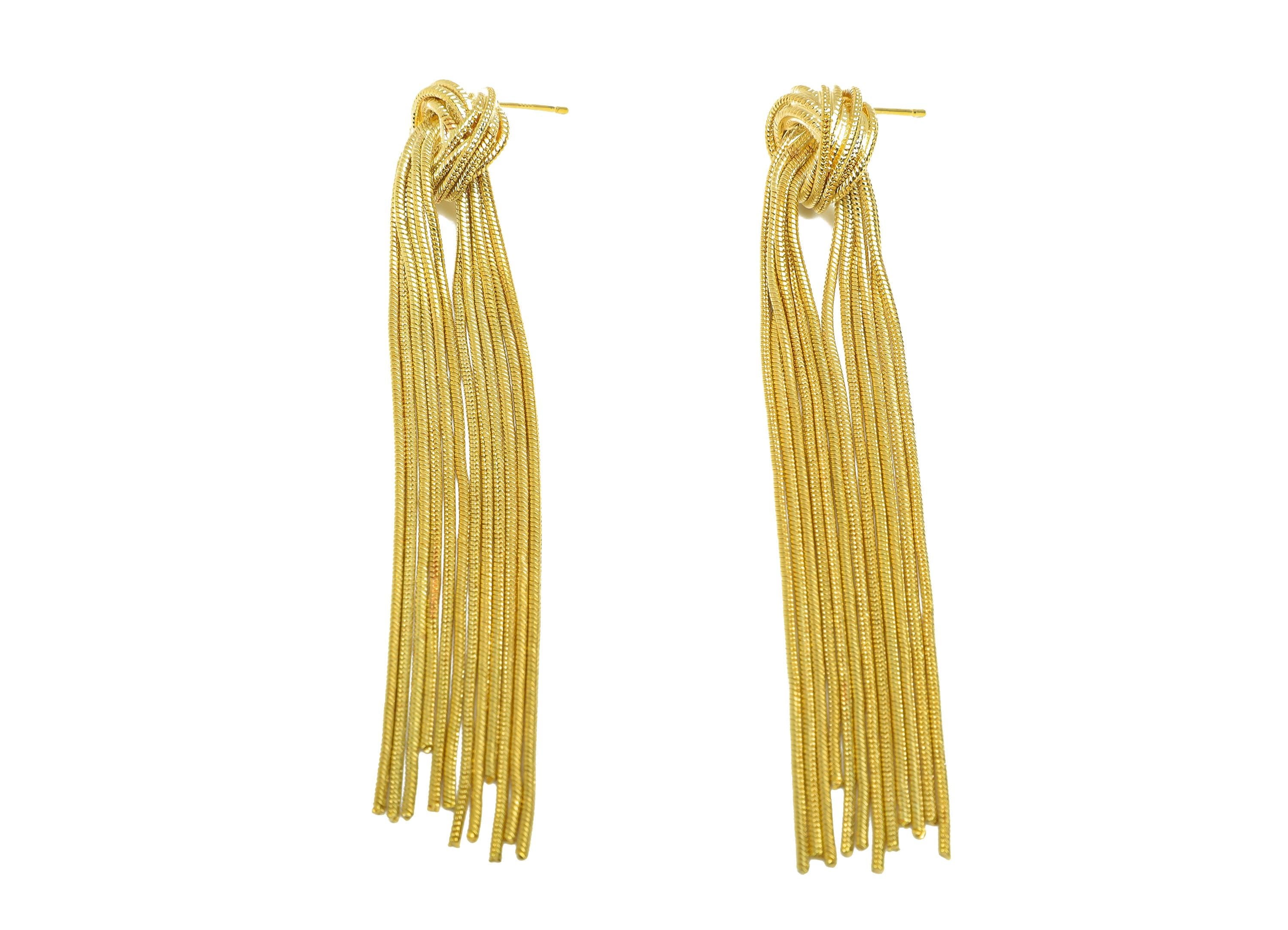 Brass Snake Chain Earring - Gold Knot Long Chain Earring Stud - Knot Snake Chain Tassel Earring Post - 18K Real Gold Plating- 85mm - RGP7721 - DOMEDBAZAAR