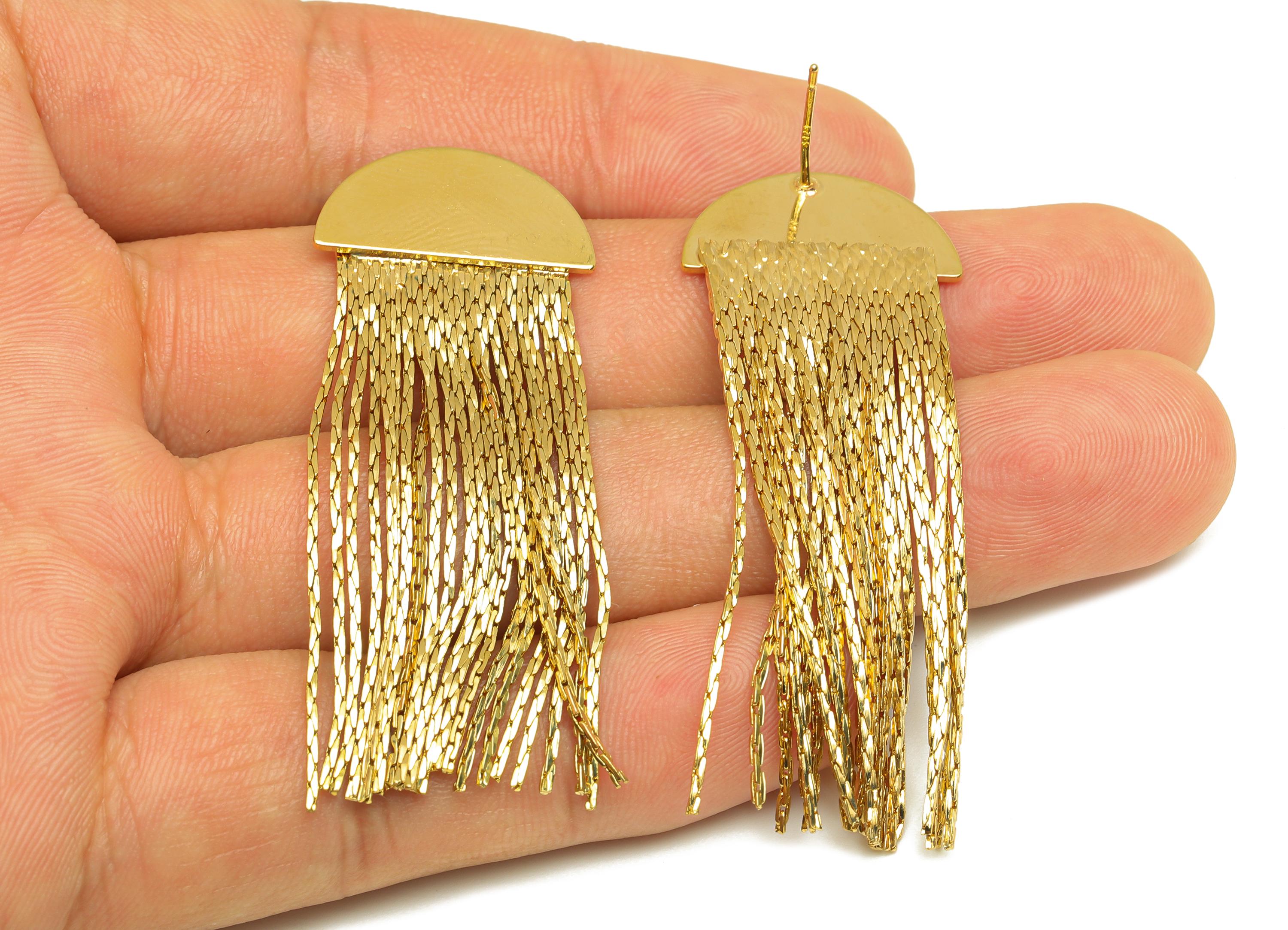 Brass Snake Chain Earring - Gold Semicircle Tassel Earring Stud - Snake Chain Tassel Earring Post - 18K Real Gold Plating - 55mm - RGP7722 - DOMEDBAZAAR