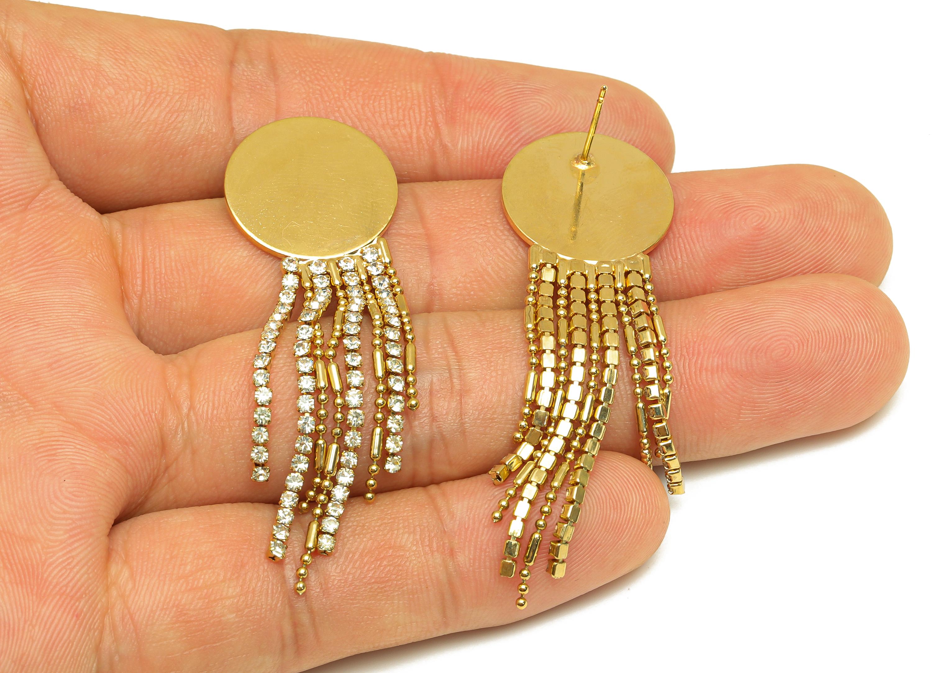 Brass Tassel Chian Earring - Round Zircon Snake Chian Earring Post - Gold Chian Tassel Earring Stud - 18K Real Gold Plated - 58mm - RGP7727 - DOMEDBAZAAR