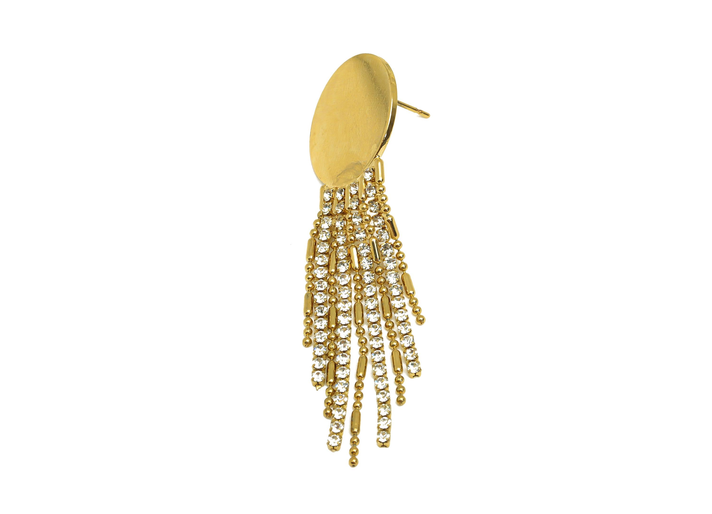Brass Tassel Chian Earring - Round Zircon Snake Chian Earring Post - Gold Chian Tassel Earring Stud - 18K Real Gold Plated - 58mm - RGP7727 - DOMEDBAZAAR