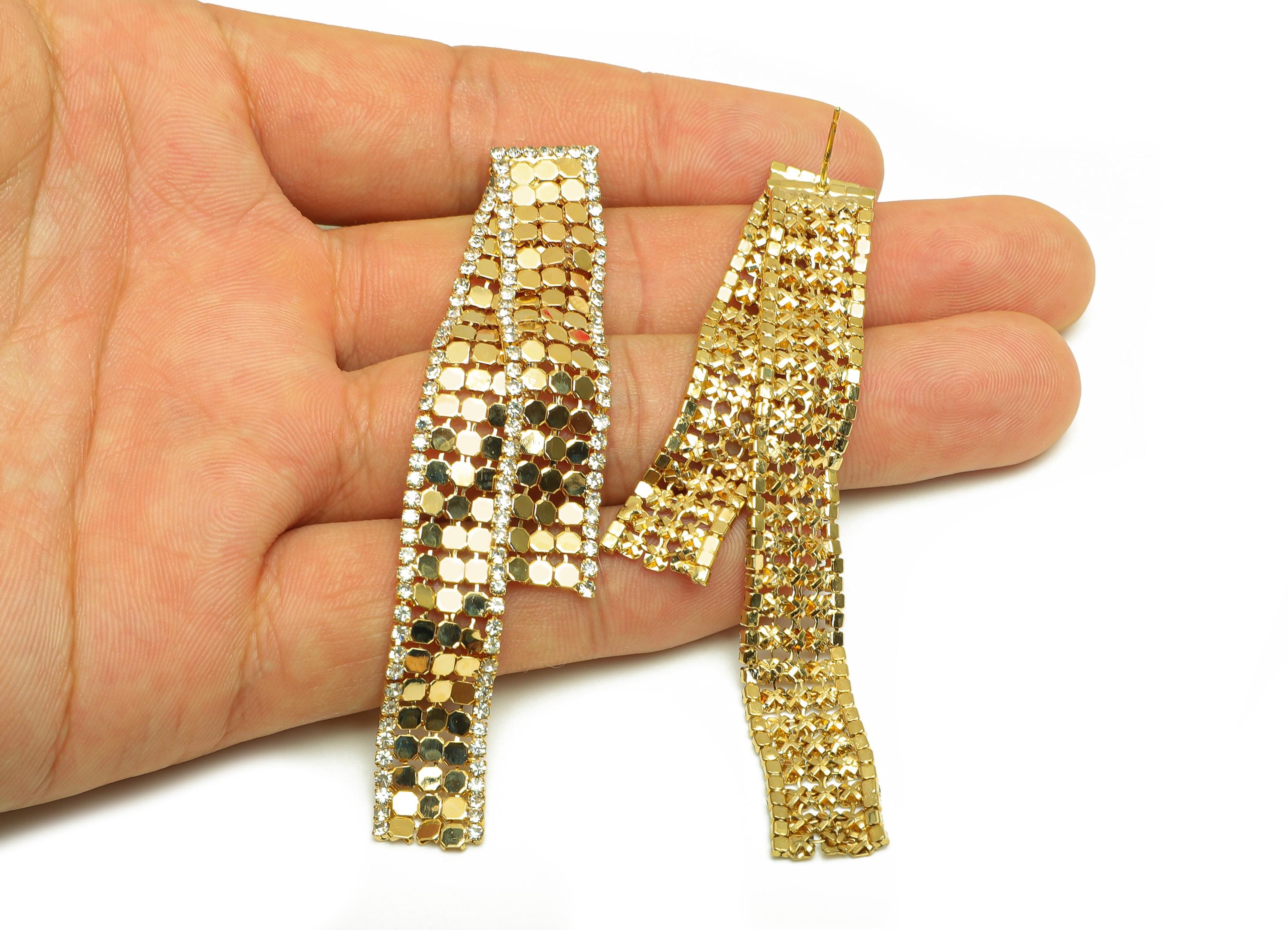 Brass Rectangle Earring Post - Gold Rectangle CZ Mesh Earring Stud - Zircon Rectangle Earring Post - 18K Real Gold Plating - 80mm - RGP7728 - DOMEDBAZAAR