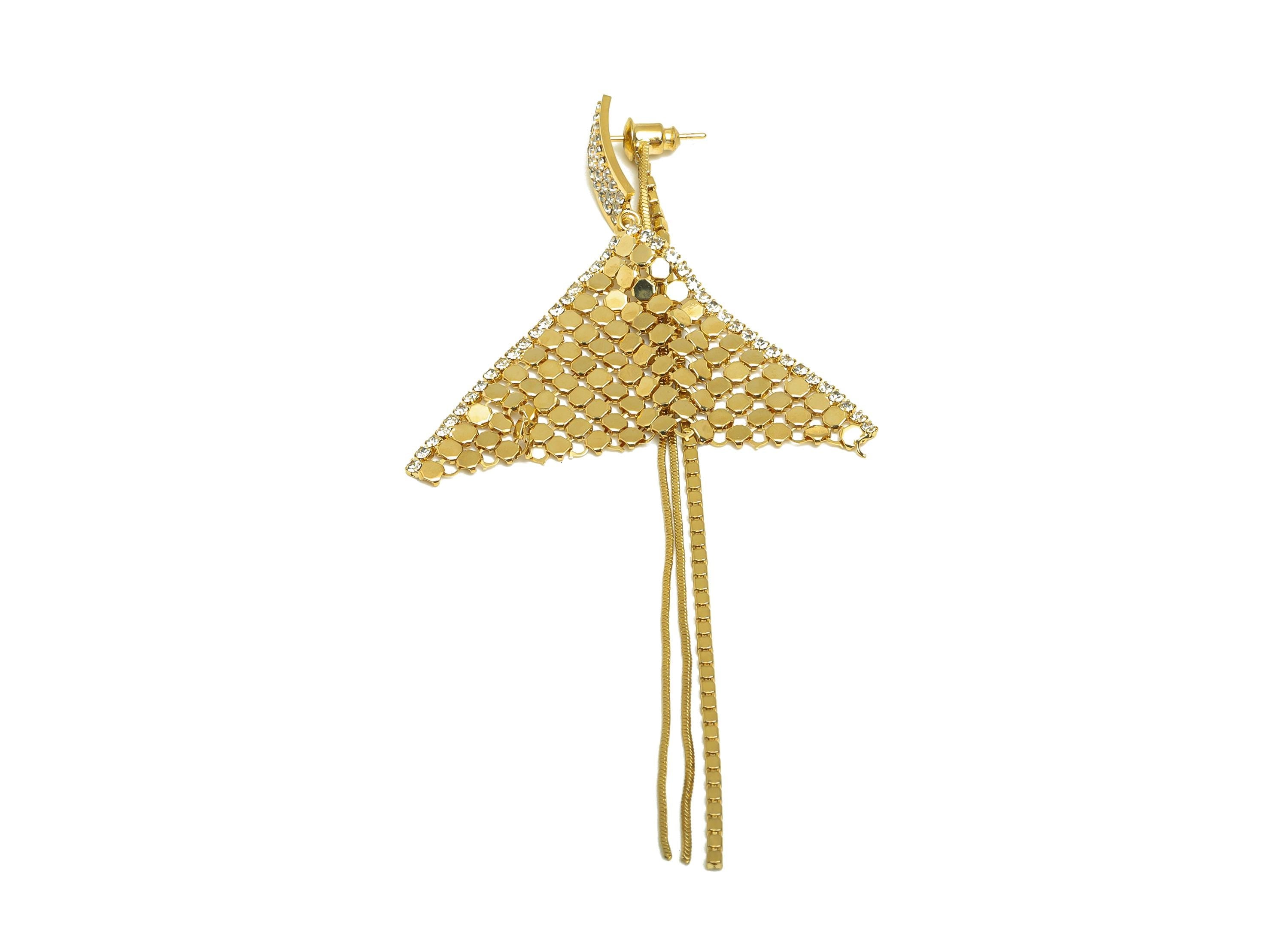 Brass Rectangle Earring - Gold Triangle CZ Mesh Earring Stud - Zircon Snake Chain Tassel Ear Stopper - 18K Real Gold Plated- 105mm - RGP7730 - DOMEDBAZAAR