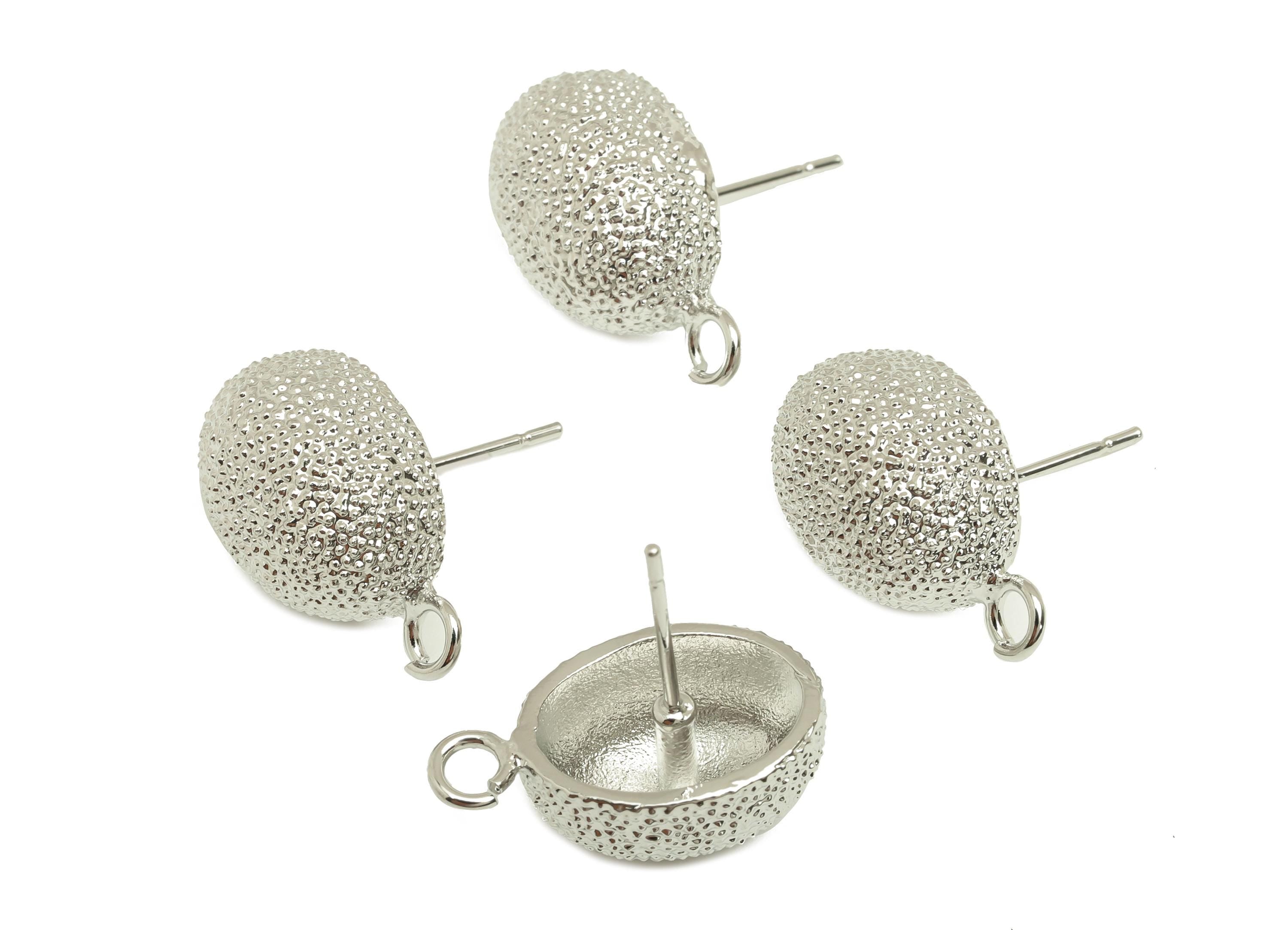 Brass Oval Earring Stud - Textured Oval Earring Post - White Oval Earring Stud - 18K Real White Gold Plated - 18.65x10.71x7.47mm - RGP7735 - DOMEDBAZAAR