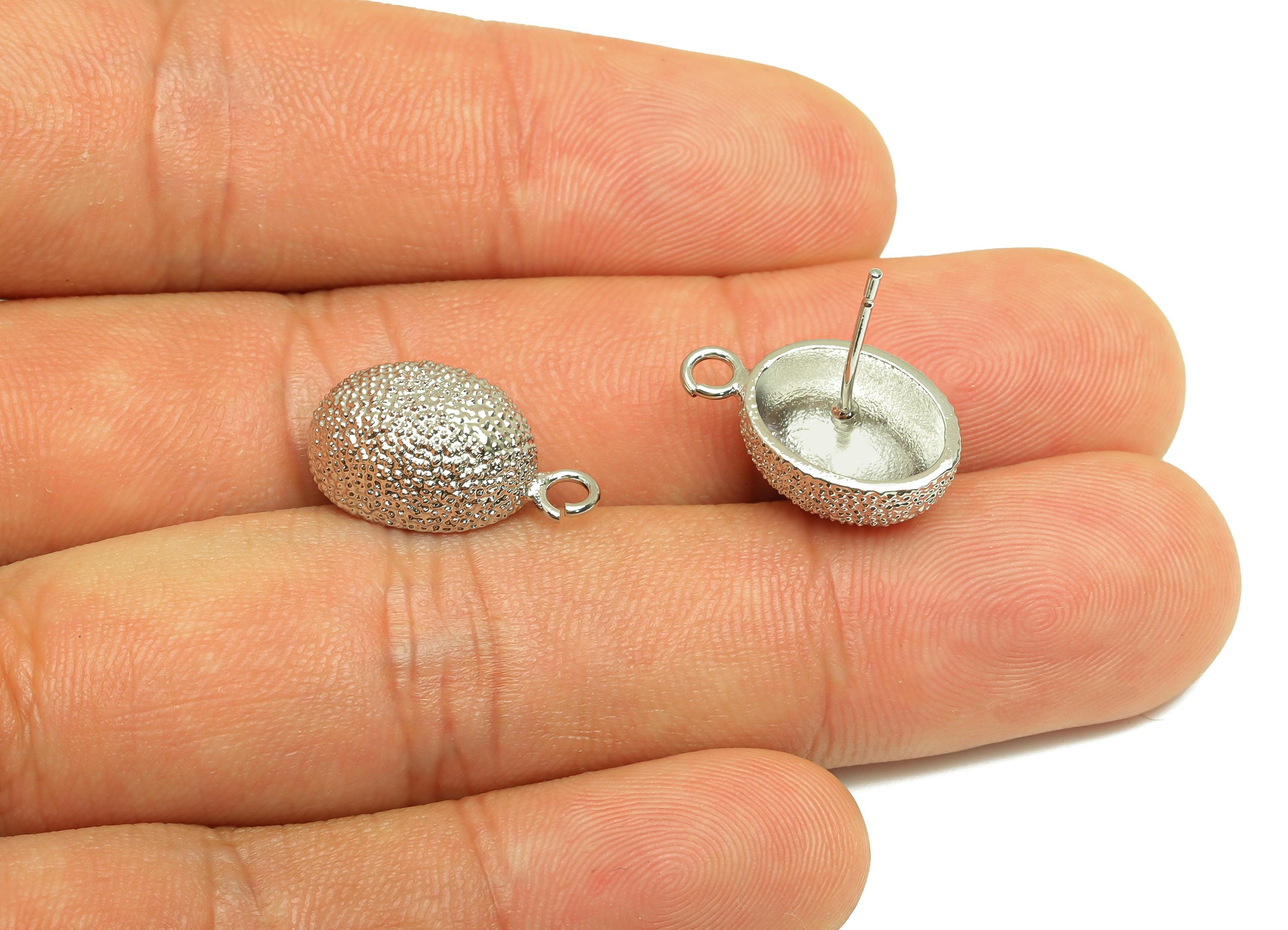 Brass Oval Earring Stud - Textured Oval Earring Post - White Oval Earring Stud - 18K Real White Gold Plated - 18.65x10.71x7.47mm - RGP7735 - DOMEDBAZAAR