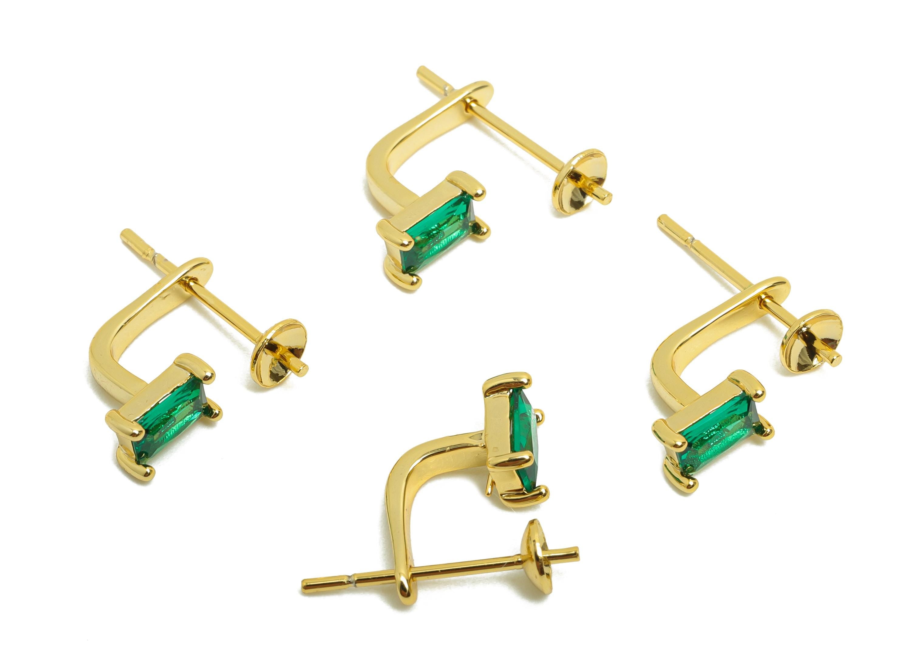 Brass Rectangle Ear Setting - Gold Earring Stud for Ladies' - Zircon Earring Post for Party - 18K Real Gold Plating - 11.2x8x3.9mm - RGP8496 - DOMEDBAZAAR