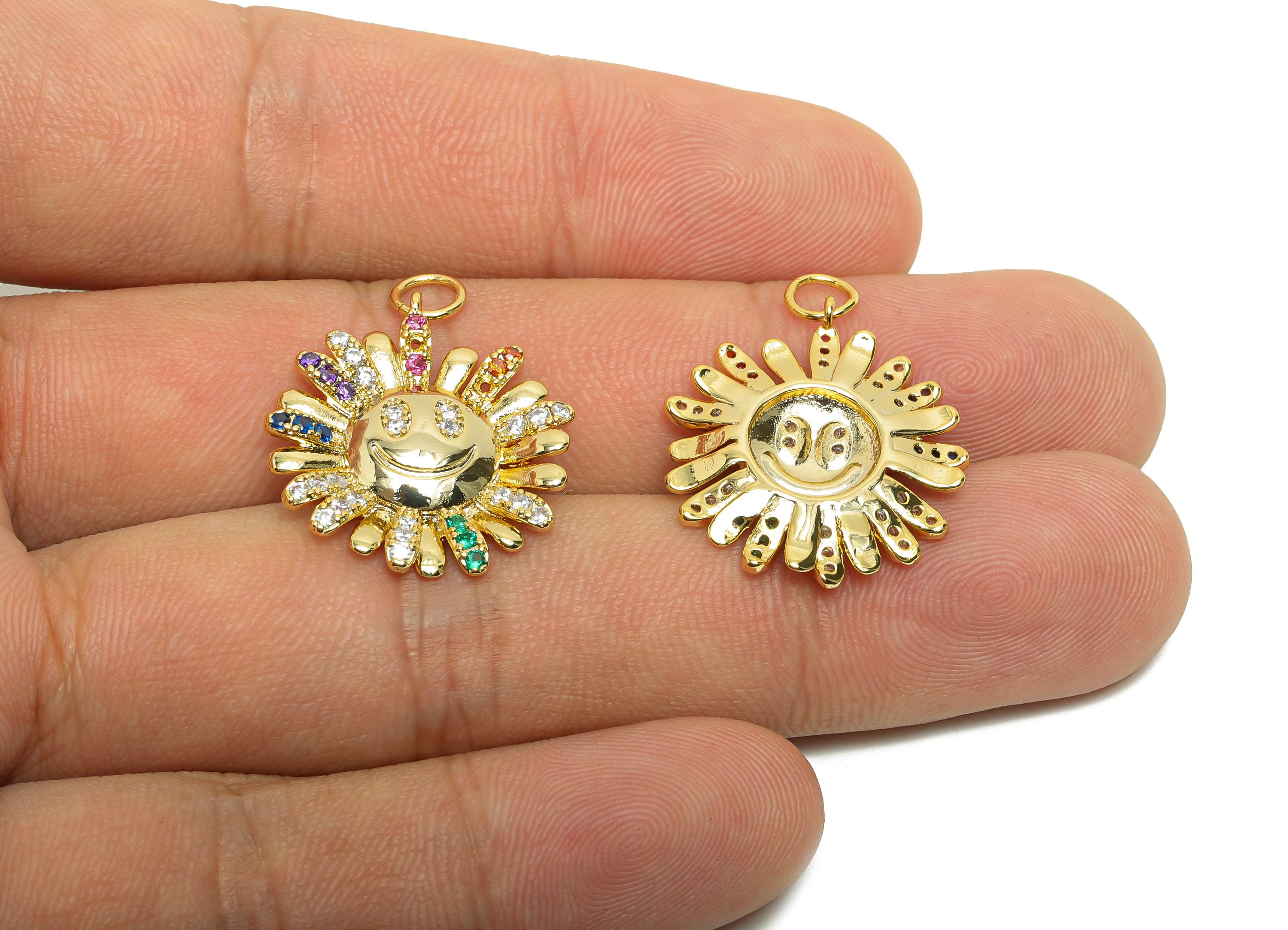 Brass CZ Sunflower Charm - Gold Happy Pendant for Girls - Zircon Round Halloween Charm - 18K Real Gold Plating - 25.6x20.2x2.72mm - RGP8500 - DOMEDBAZAAR