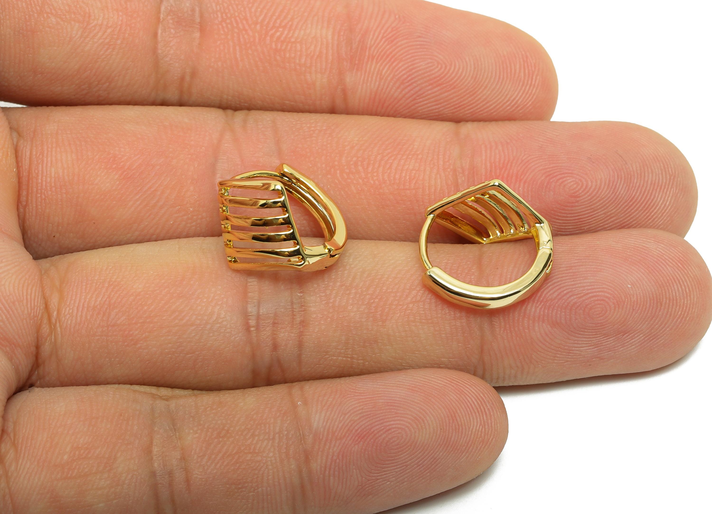 Brass Rhombus Hoop Earring - Gold Huggie Earring for Women - Textured Party Earring Clasp - 18K Real Gold Plated - 15.07x15x10.3mm - RGP8503 - DOMEDBAZAAR