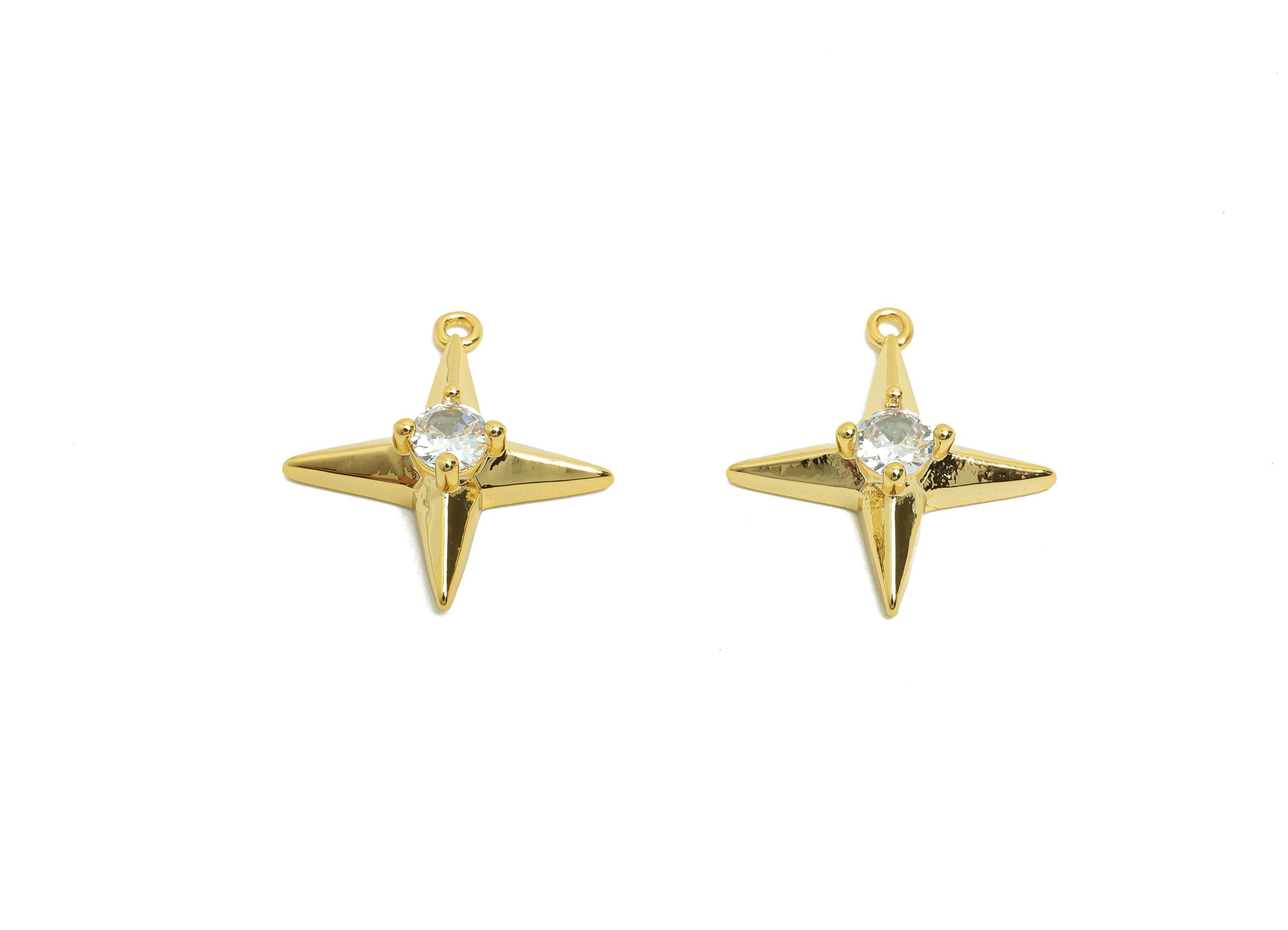 Brass CZ Star Charm - Gold North Star Pendant for Necklace - Zircon Star Earring Charm - 18K Real Gold Plating - 16.4x14.4x4.5mm - RGP8510 - DOMEDBAZAAR