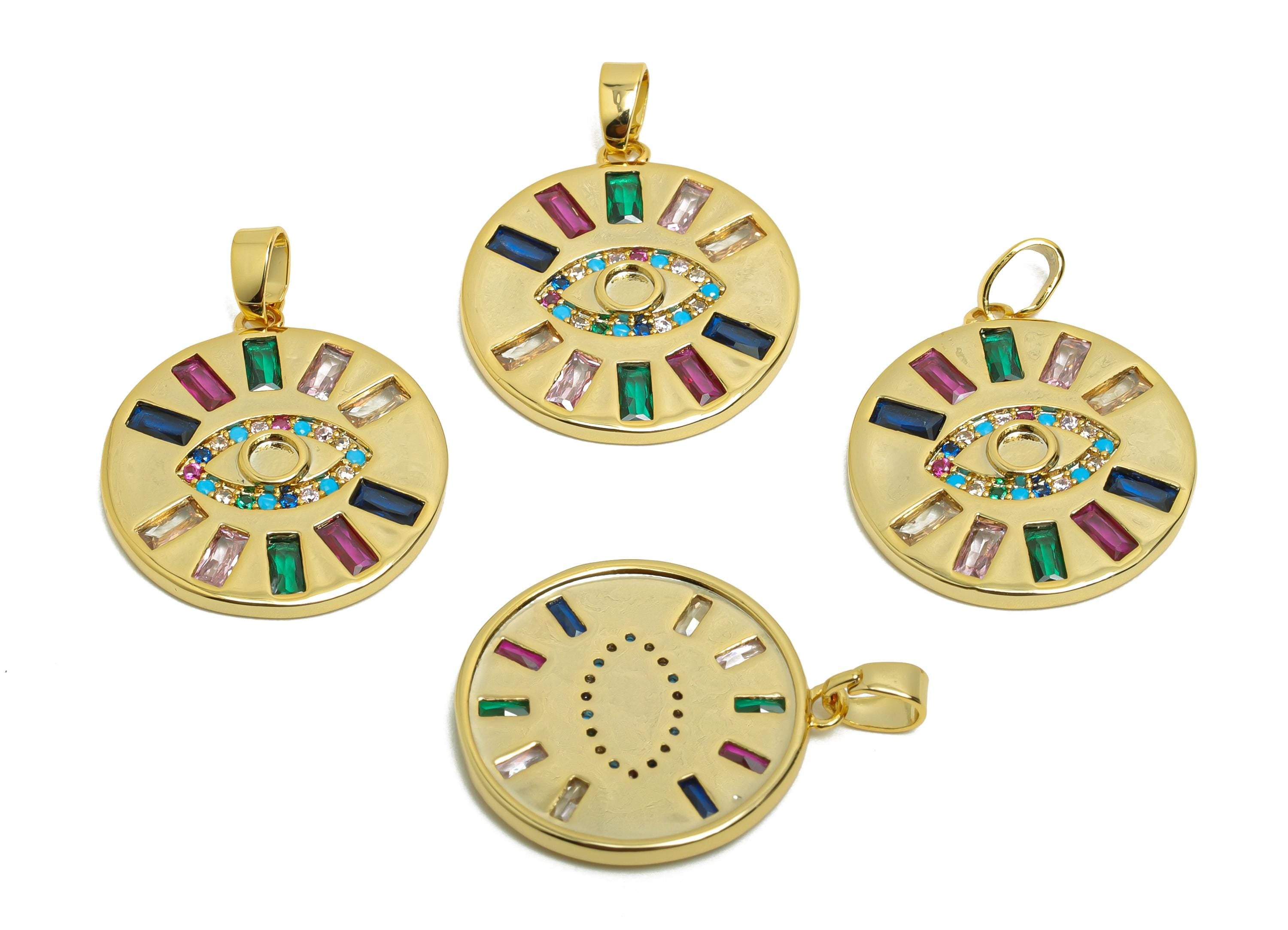 Brass CZ Eyelash Charm - Gold Eye Pendant for Necklace - Zircon Round Earring Charm - 18K Real Gold Plating - 25.5x19.7x2.53mm - RGP8511 - DOMEDBAZAAR