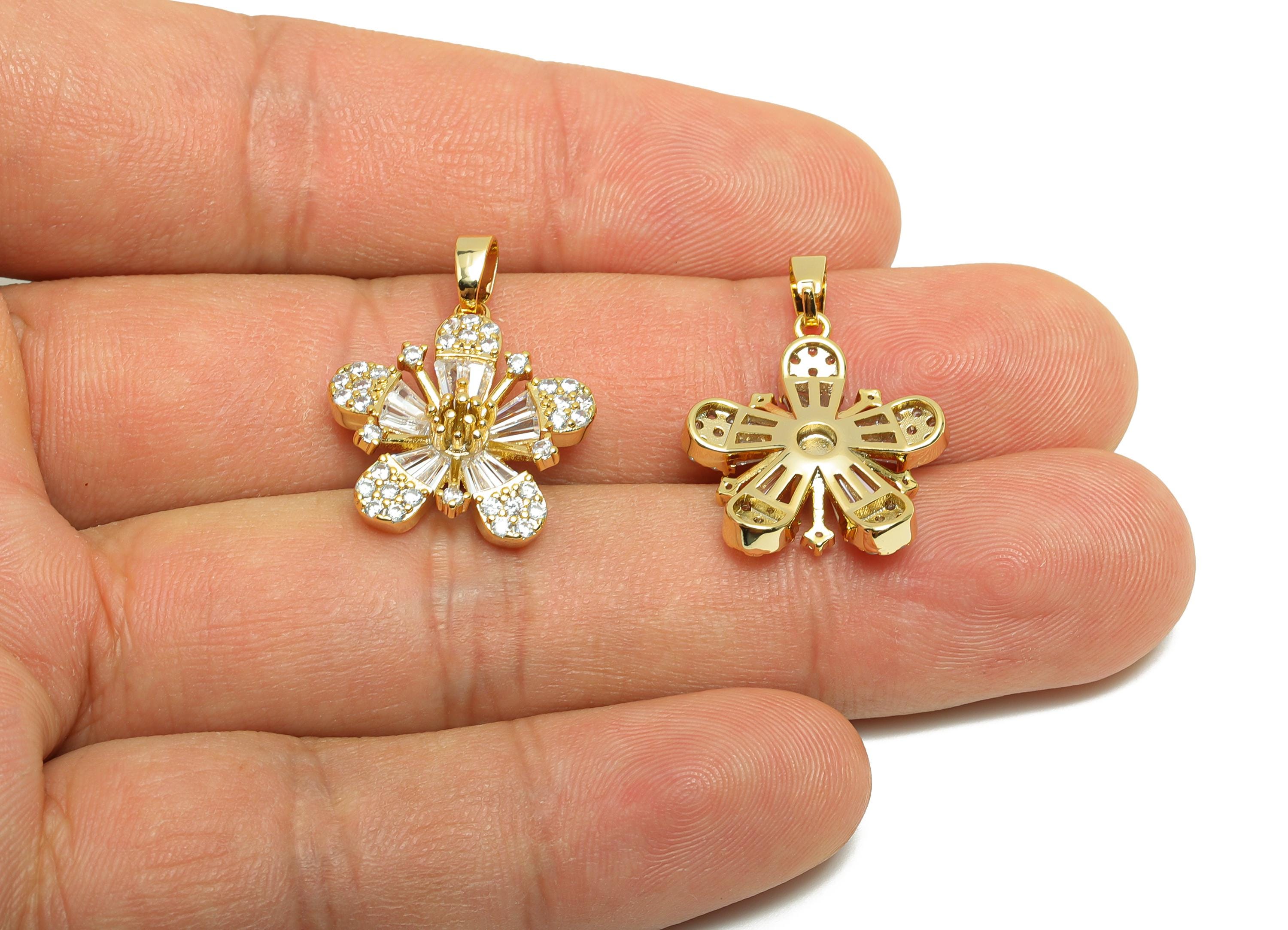 Brass CZ Flower Charm - Gold Sakura Pendant for Necklace - Zircon Flower Charm for Party - 18K Real Gold Plating - 23.6x18.3x5.6mm - RGP8513 - DOMEDBAZAAR