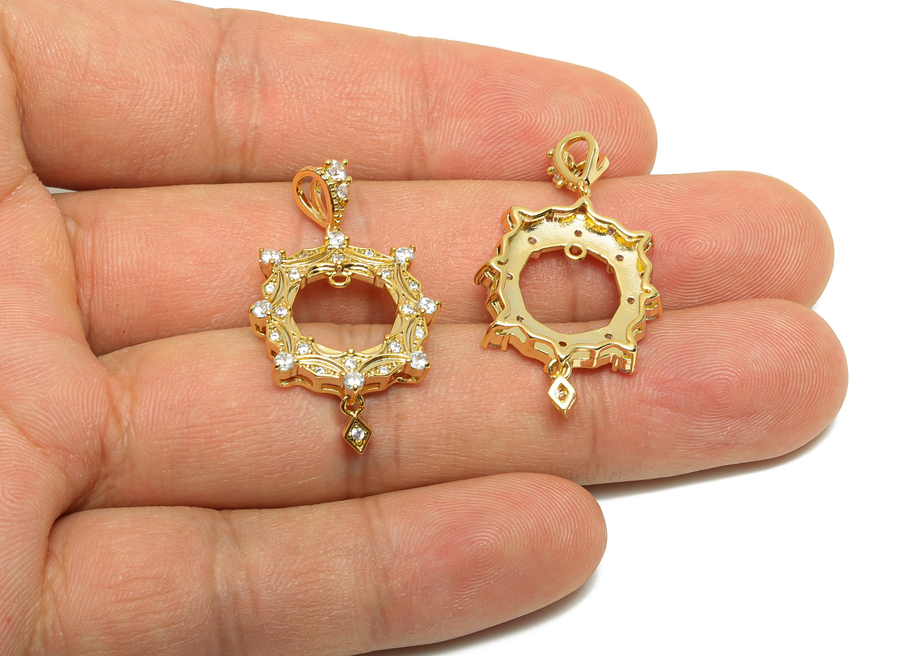 Brass CZ Frame Charm - Gold Round Pendant for Necklace - Zircon Frame Charm for Party - 18K Real Gold Plating - 34x19.2x4.15mm - RGP8514 - DOMEDBAZAAR