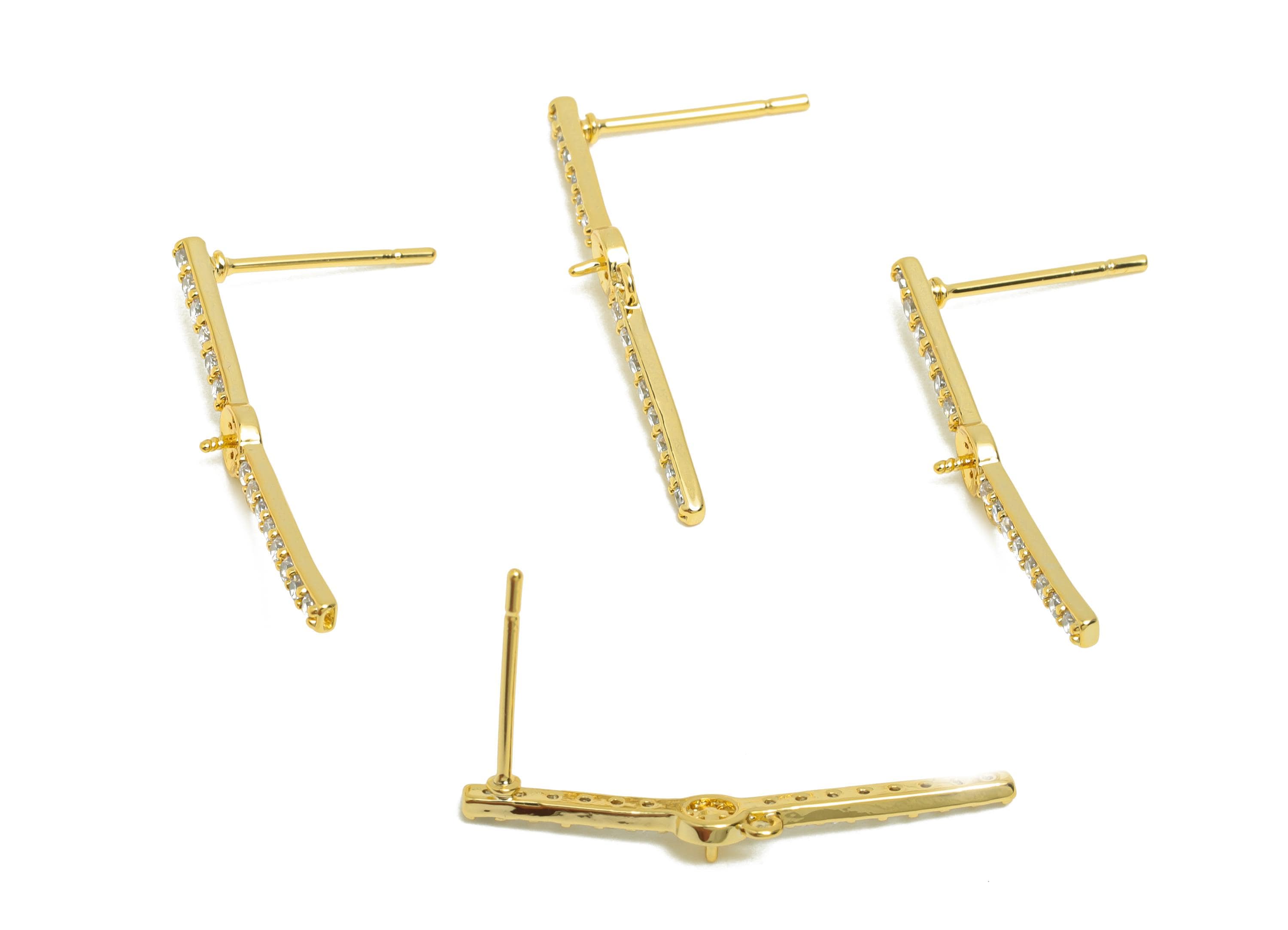 Brass Bar Earring Stud - Bar Earring Setting for Girls - Gold Zircon Earring for Party - 18K Real Gold Plating - 27.2x4.59x2.7mm - RGP8522 - DOMEDBAZAAR