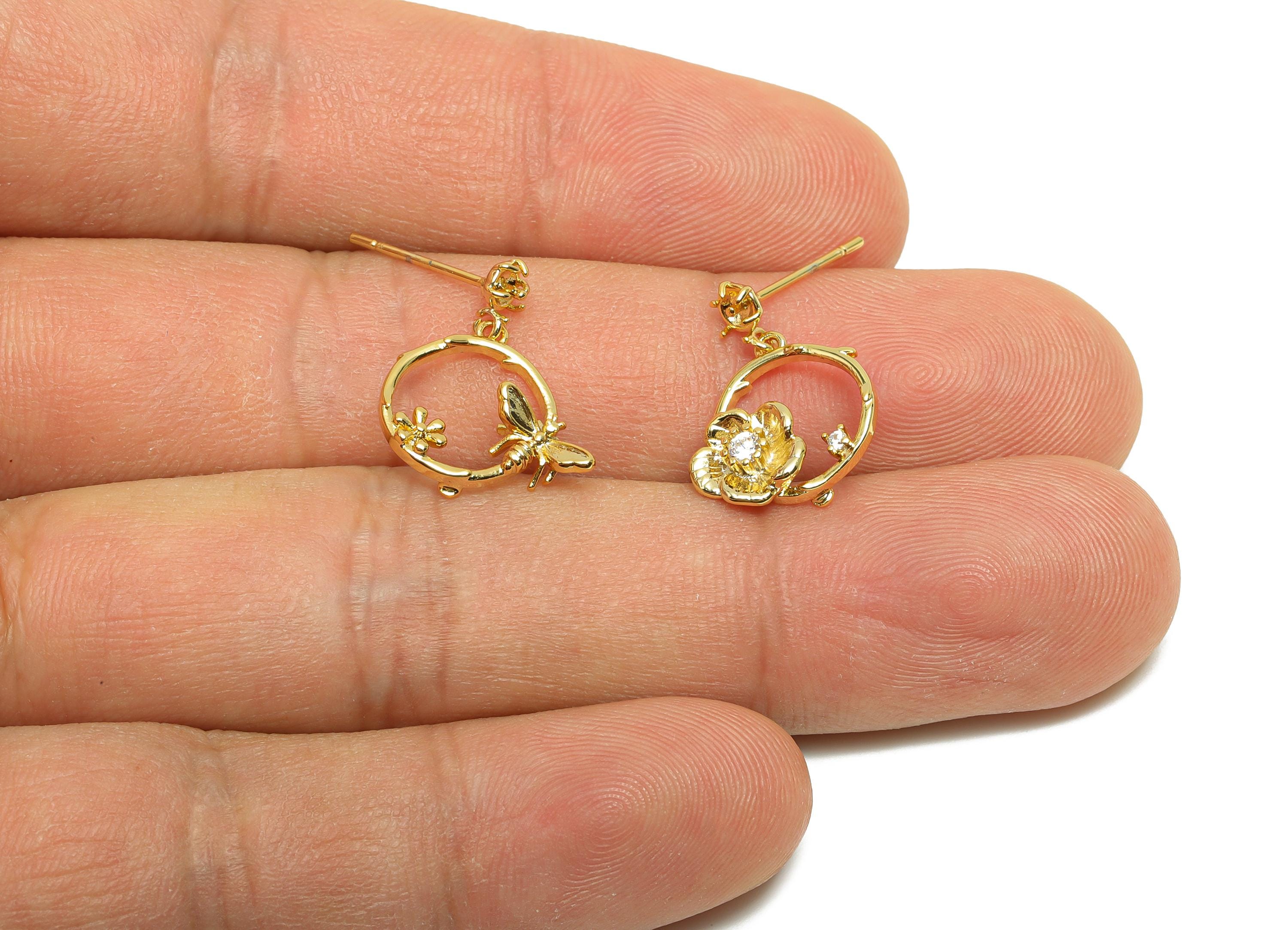 Brass Flower Earring Stud - Circle Earring Setting for Girl's - Gold Zircon Dangle Earring - 18K Real Gold Plating- 16.4x11.8x4.1m - RGP8523 - DOMEDBAZAAR