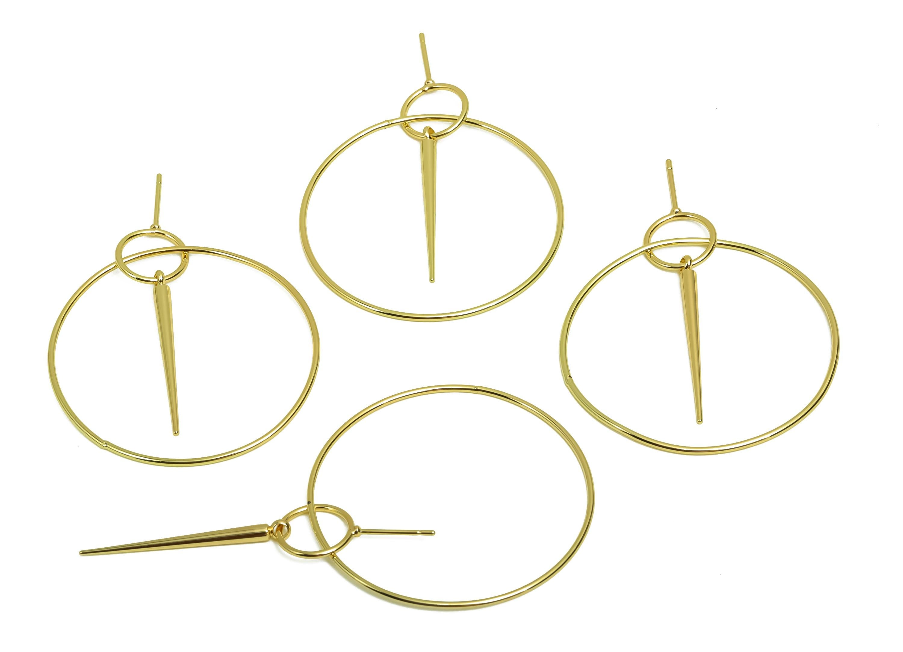 Brass Hoop Dangle Earring Post - Brass Awl Earring Post - Brass Dangle Pin Earring Post - 18K Real Gold Plating - 48x40x1.11mm- RGP8038 - DOMEDBAZAAR