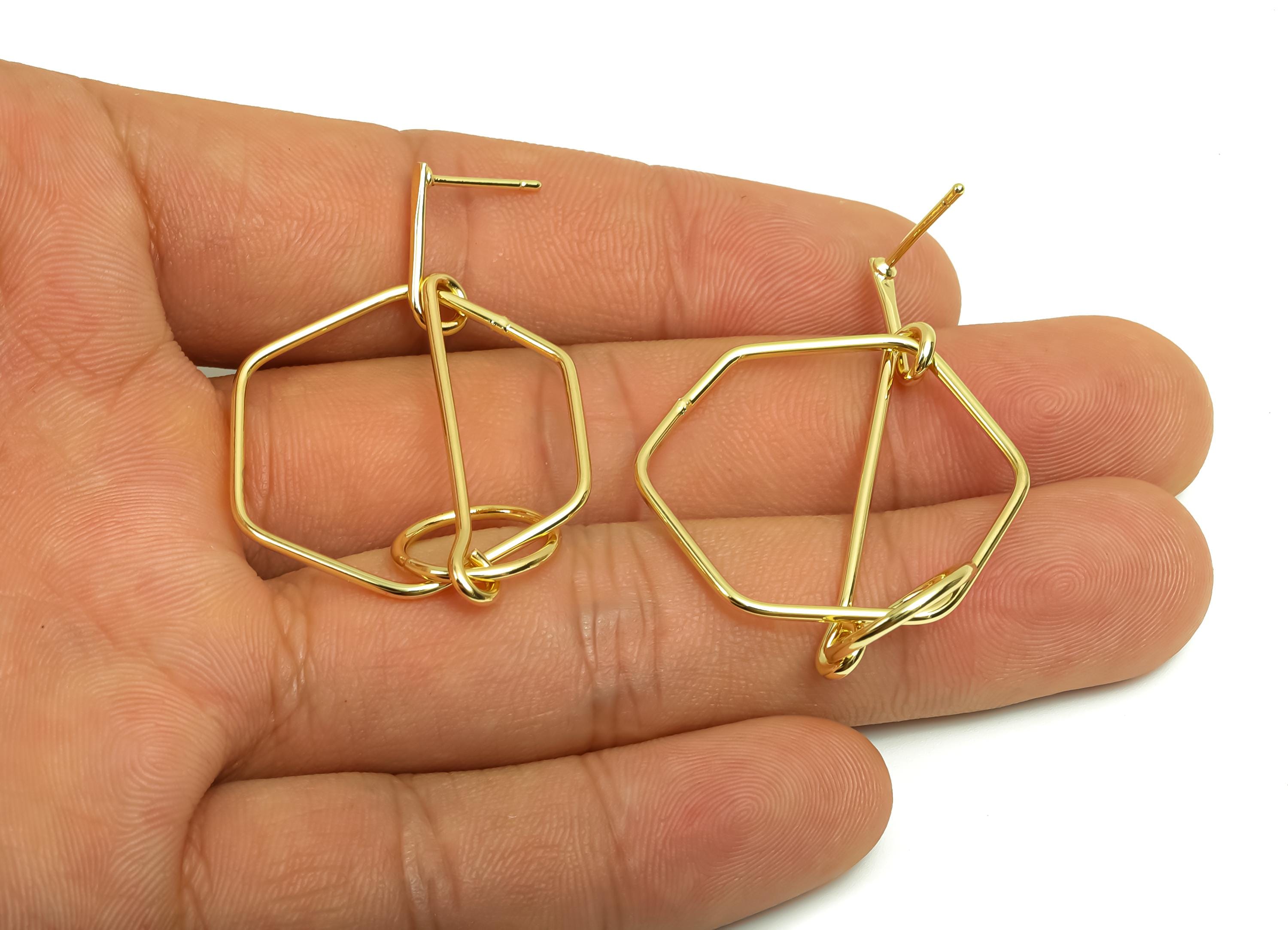 Brass Hammered Earring Post - Brass Dangle Hexagon Earring Stud - Geometry Earring Post - 18K Real Gold Plating - 49.47x29.26x1mm - RGP8030 - DOMEDBAZAAR