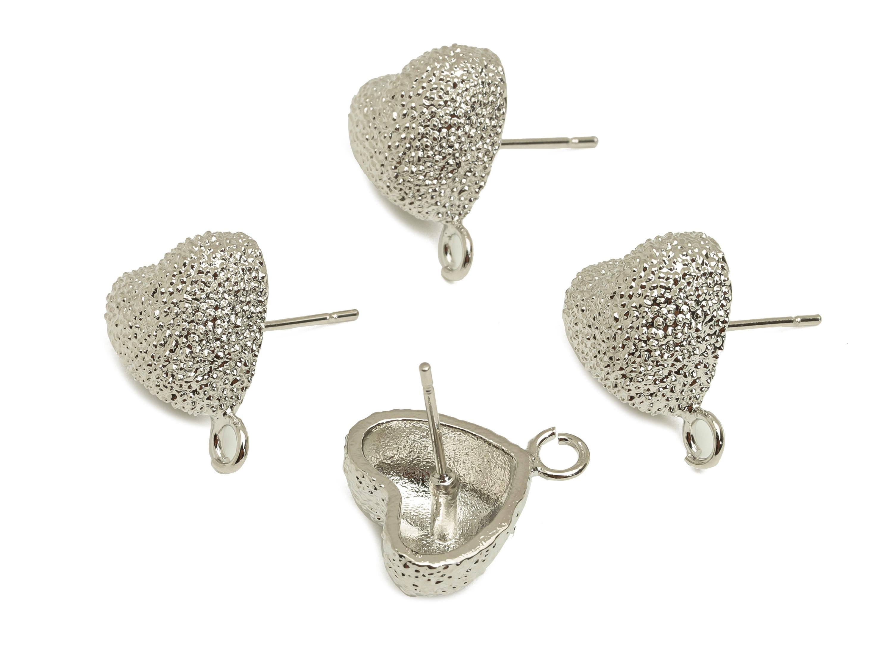 Brass Heart Earring Stud - Textured Heart Earring Post - White Heart Earring Stud - 18K Real White Gold Plated - 18.28x13.67x6.76mm- RGP7736 - DOMEDBAZAAR