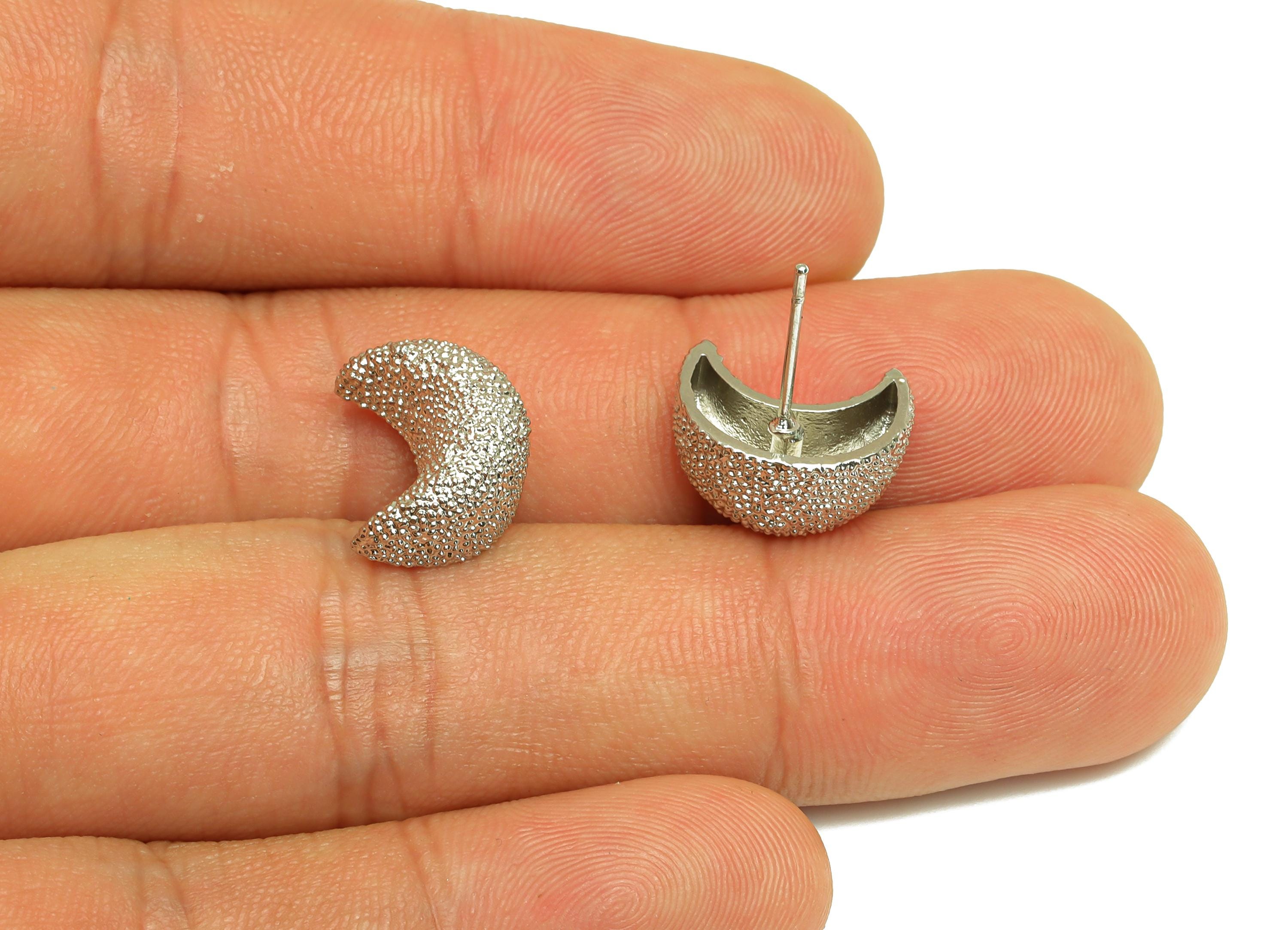 Brass Moon Earring Stud - Textured Crescent Earring Post - White Moon Earring Stud - 18K Real White Gold Plating - 18.47x6.3x7.05mm- RGP7741 - DOMEDBAZAAR