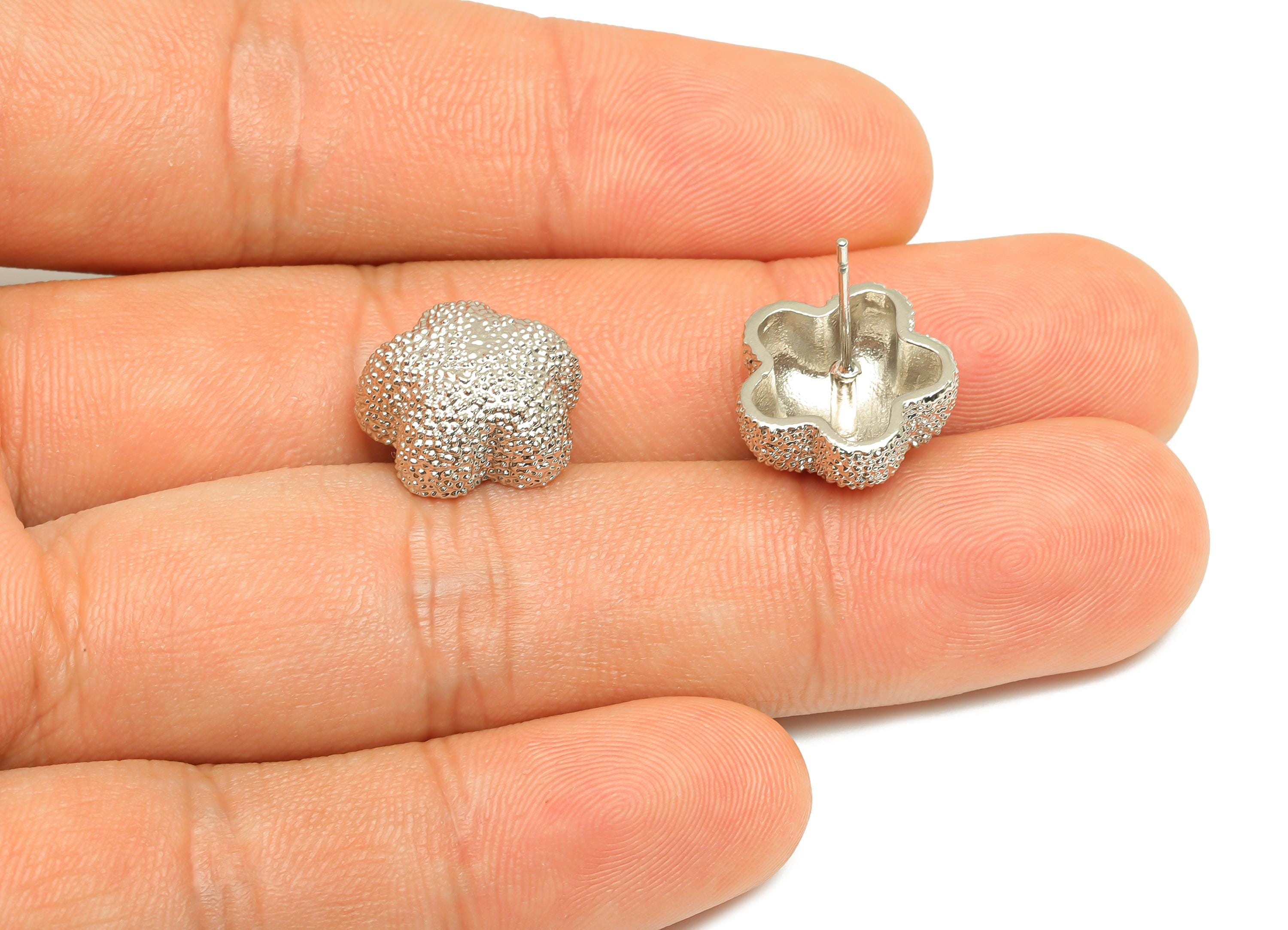 Brass Flower Earring Stud - Textured Flower Earring Post - White Flower Earring - 18K Real White Gold Plated - 18.64x14.7x7.47mm - RGP7742 - DOMEDBAZAAR