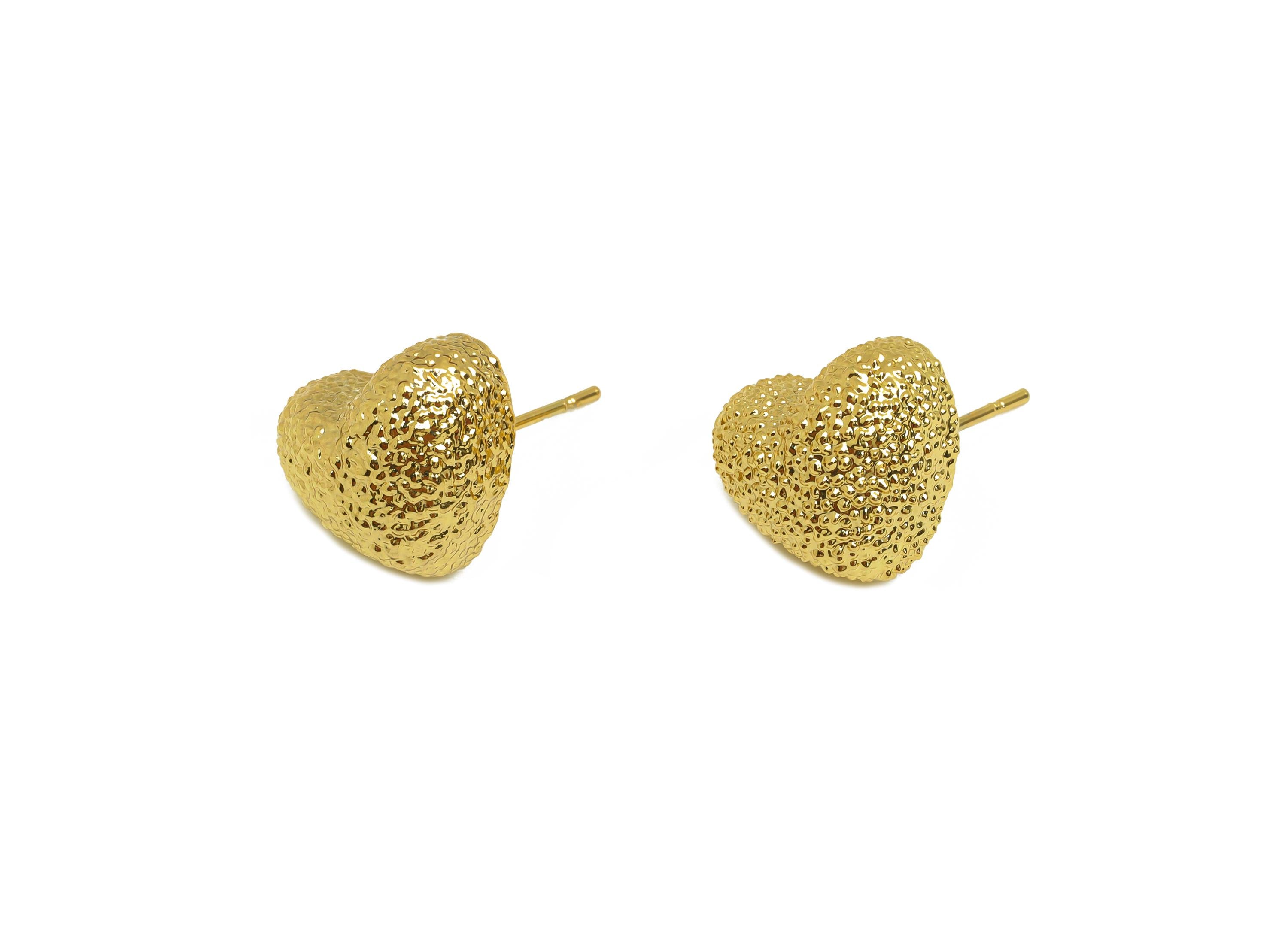 Brass Heart Earring Stud - Textured Heart Earring Post - Gold Textured Heart Earring - 18K Real Gold Plated - 18.2x13.72x6.52mm - RGP7748 - DOMEDBAZAAR
