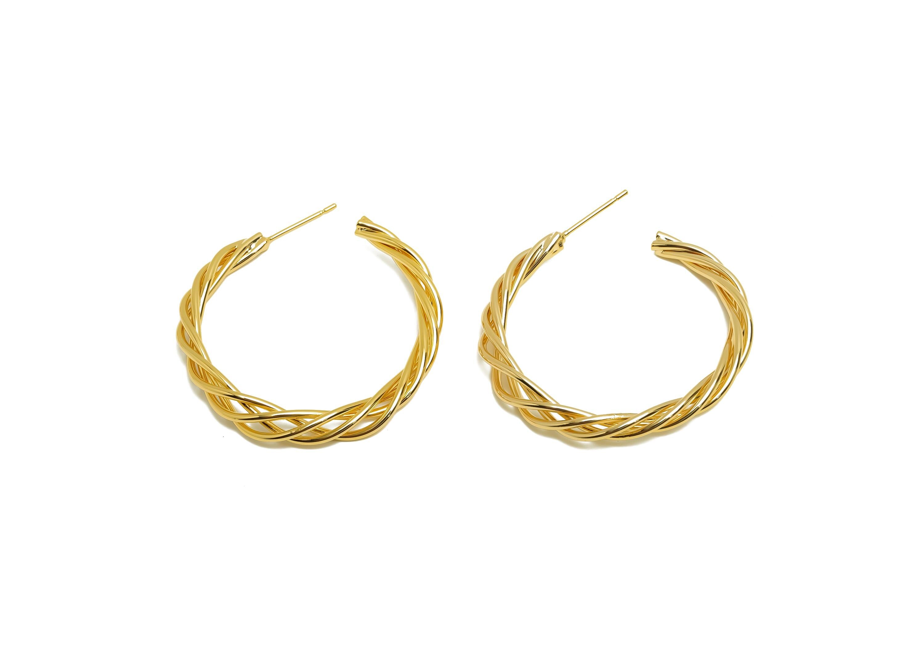 Brass Wire Hoop Earring Stud - Open Hoop Earring Post - Gold Twine Earring - For Her - 18K Real Gold Plating - 34.81x4.4x3.02mm - RGP8683 - DOMEDBAZAAR