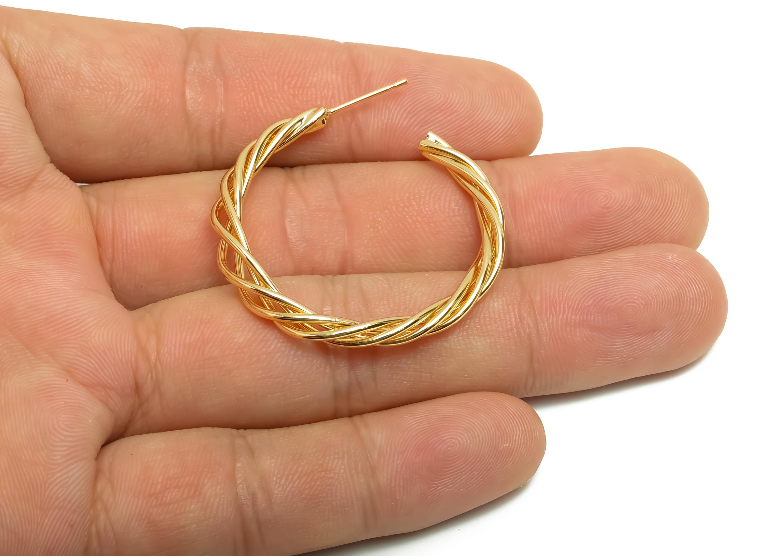 Brass Wire Hoop Earring Stud - Open Hoop Earring Post - Gold Twine Earring - For Her - 18K Real Gold Plating - 34.81x4.4x3.02mm - RGP8683 - DOMEDBAZAAR