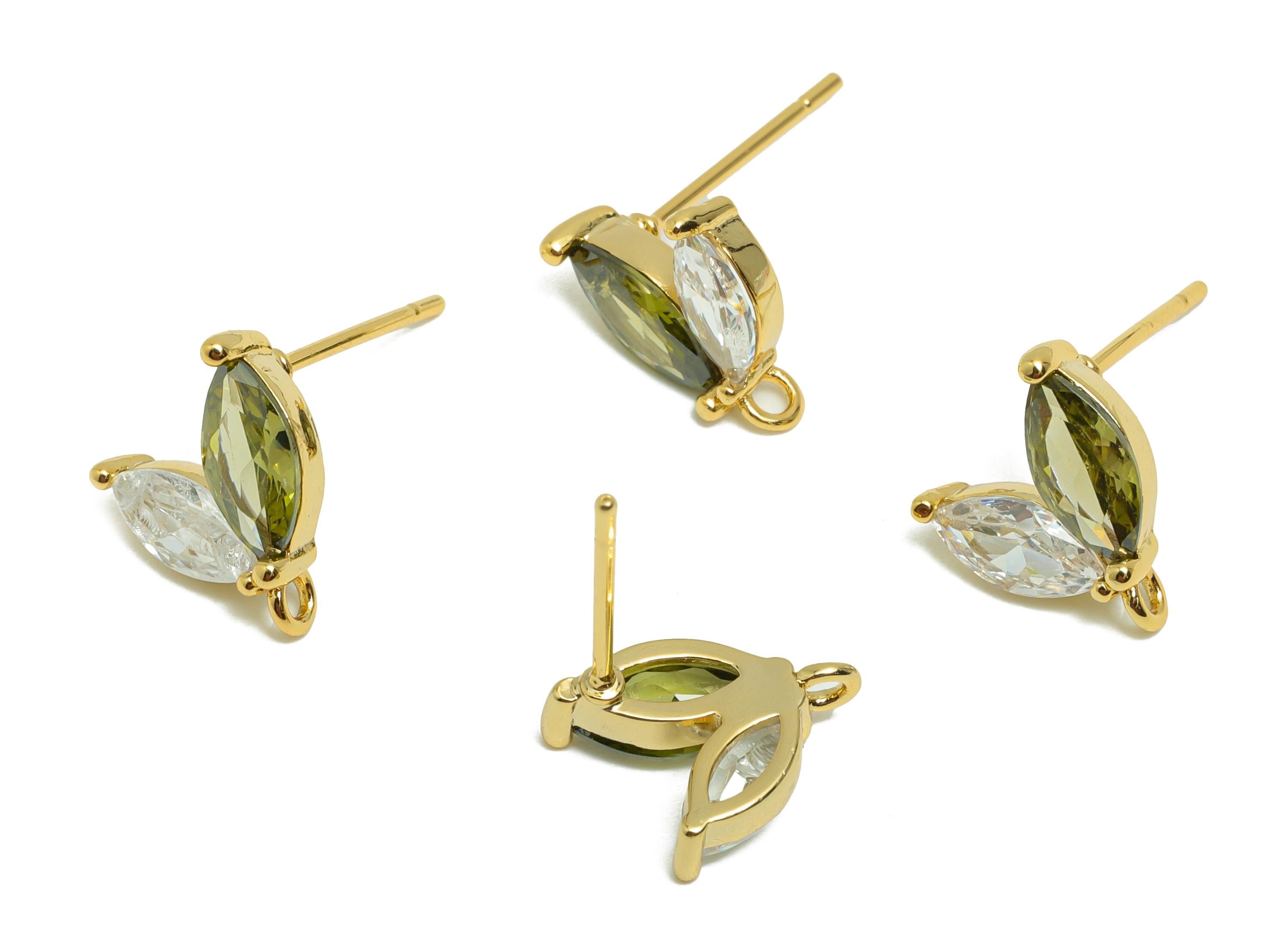 Brass Leaf Earring Stud - Zircon Marquise Earring Post for Girls - Gold Daily Wear Earring - 18K Real Gold Plating -9.94x8.6x3.36mm- RGP8536 - DOMEDBAZAAR