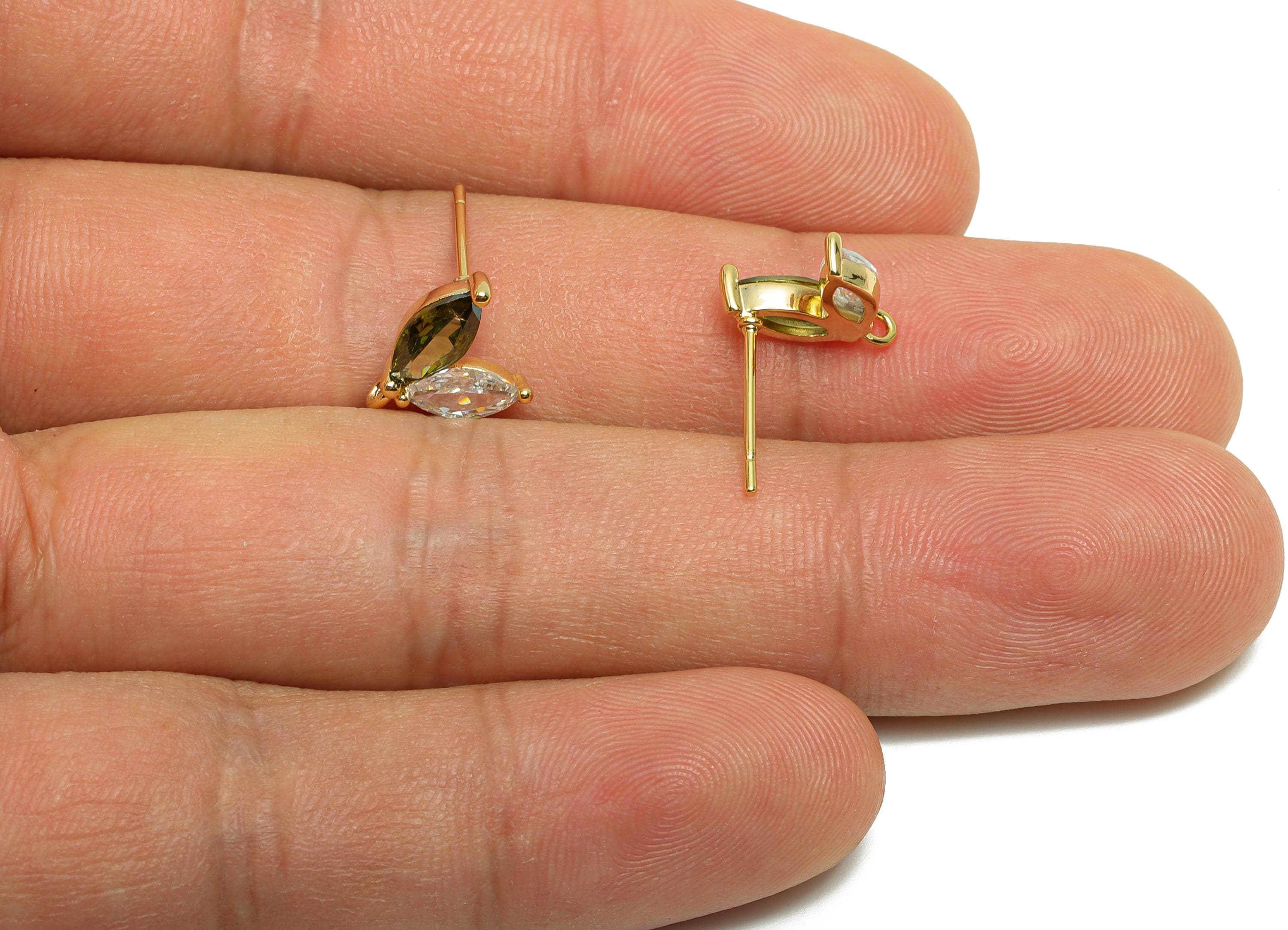 Brass Leaf Earring Stud - Zircon Marquise Earring Post for Girls - Gold Daily Wear Earring - 18K Real Gold Plating -9.94x8.6x3.36mm- RGP8536 - DOMEDBAZAAR