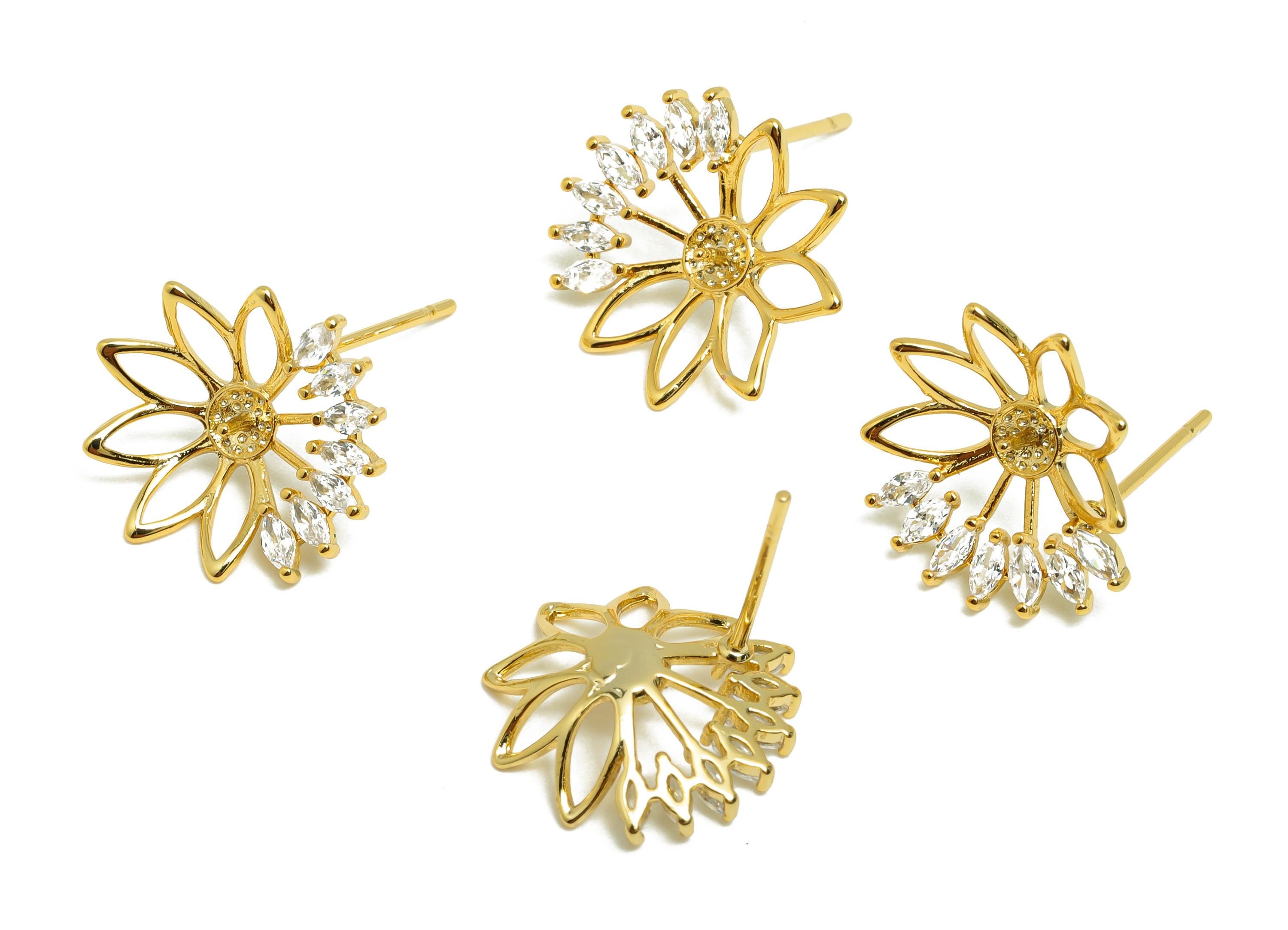 Brass Round Earring Stud - Circle Earring Setting for Girls - Gold Zircon Daily Wear Ear - 18K Real Gold Plated - 13.7x13.2x3.91mm - RGP8537 - DOMEDBAZAAR