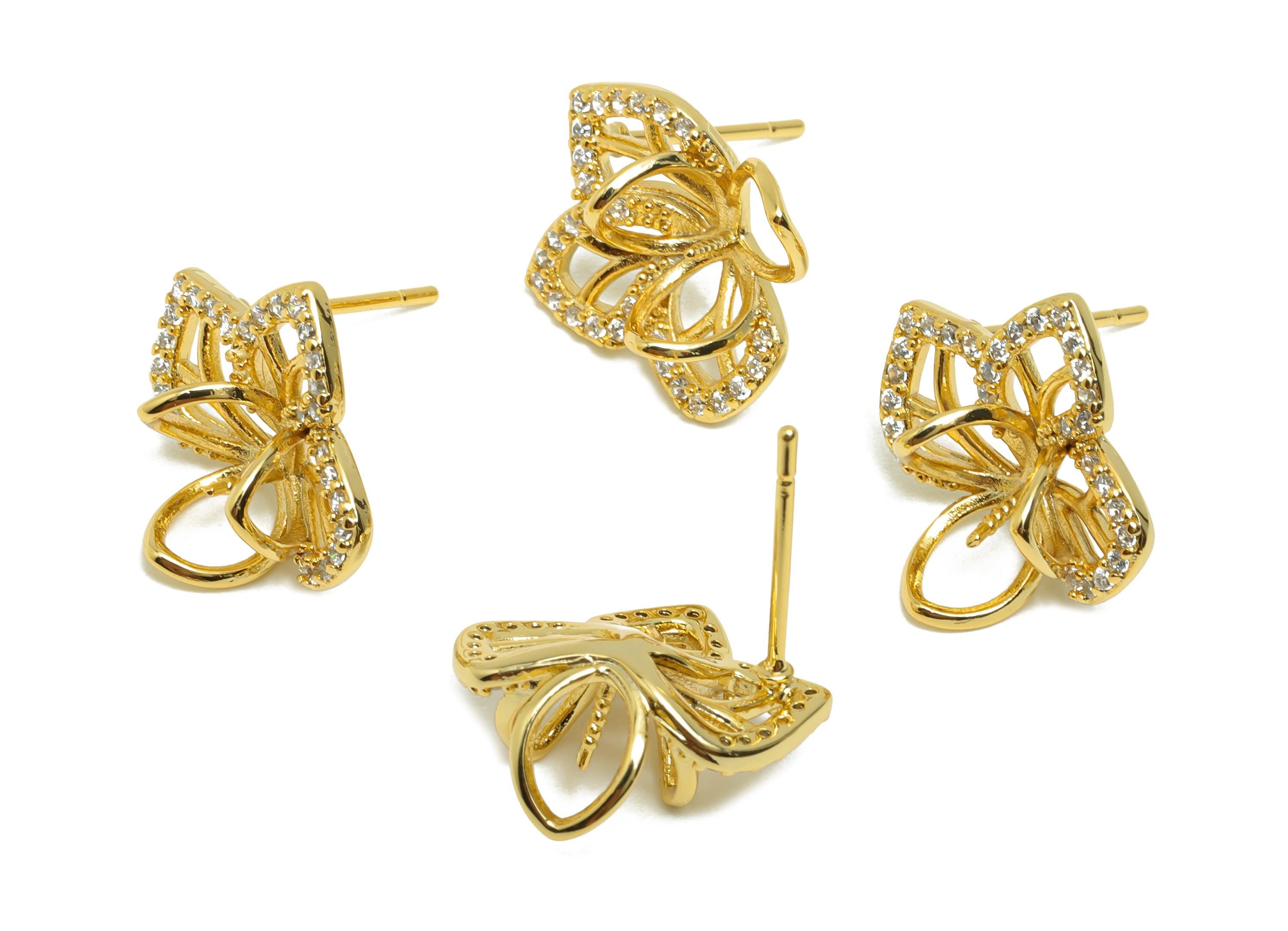 Brass Flower Earring Stud - Earring Setting for Girl's - Gold Zircon Earring for Party - 18K Real Gold Plating - 15.7x16.3x7.55mm - RGP8538 - DOMEDBAZAAR
