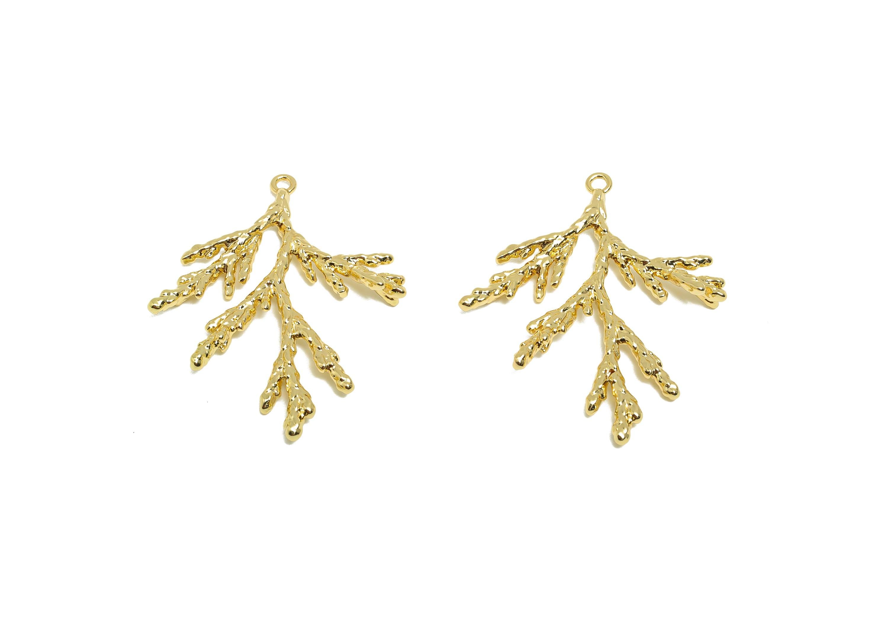 Brass Branch Earring Charm - Gold Hammered Charm for Necklace - Textured Branch Pendant - 18K Real Gold Plated - 35.5x29x2.55mm - RGP8541 - DOMEDBAZAAR