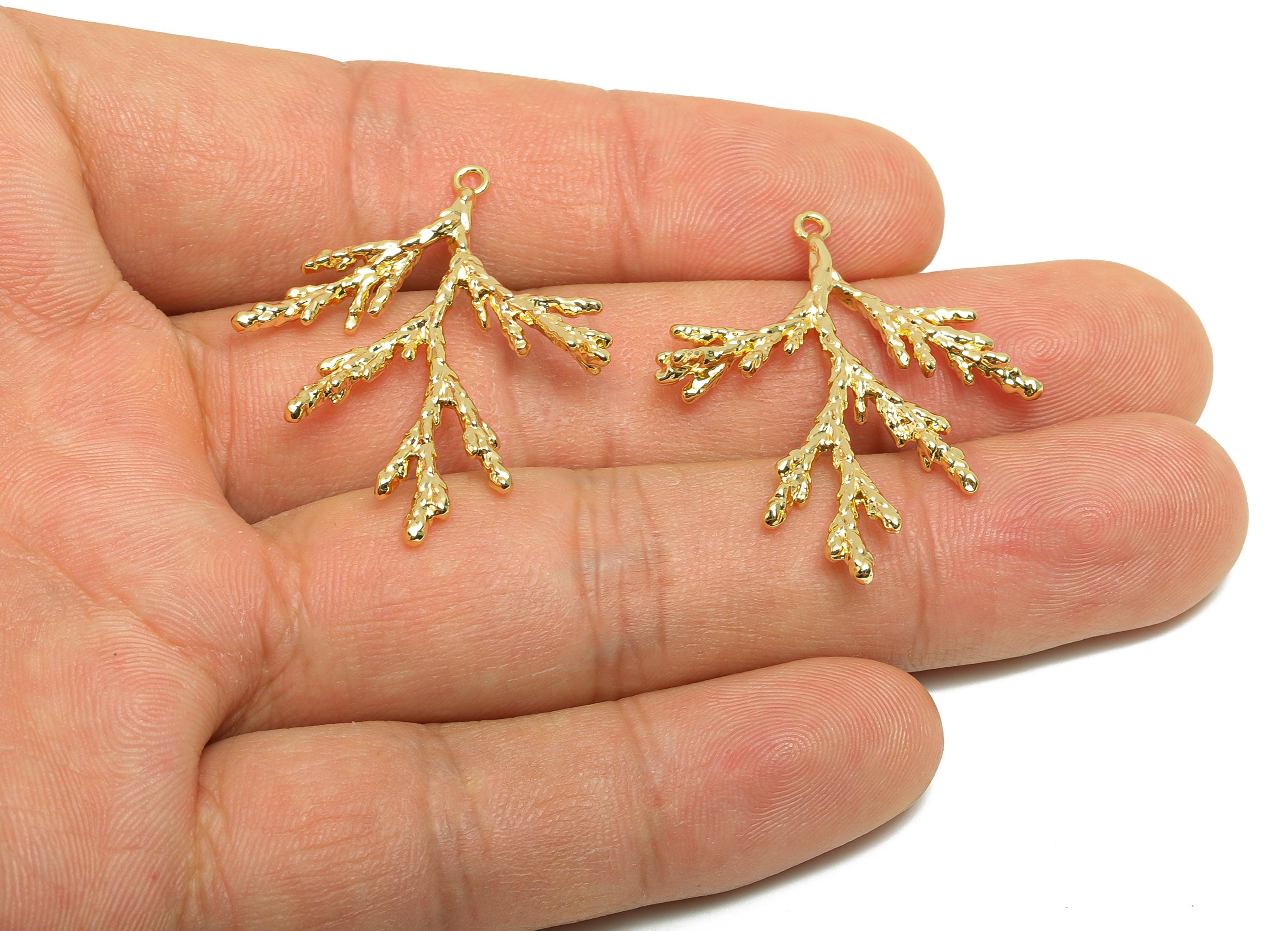 Brass Branch Earring Charm - Gold Hammered Charm for Necklace - Textured Branch Pendant - 18K Real Gold Plated - 35.5x29x2.55mm - RGP8541 - DOMEDBAZAAR