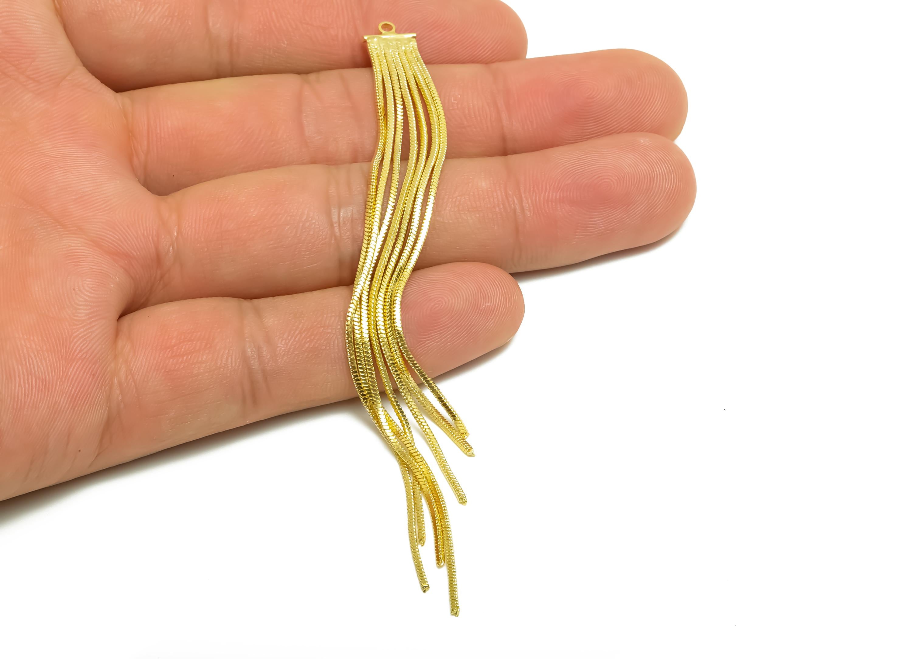 Brass Tassel Earring Charm - Brass Tassel Chain Earring Charm - Brass Snake Chain Earring Charm - 18K Real Gold Plated - 105x7x1mm - RGP8674 - DOMEDBAZAAR