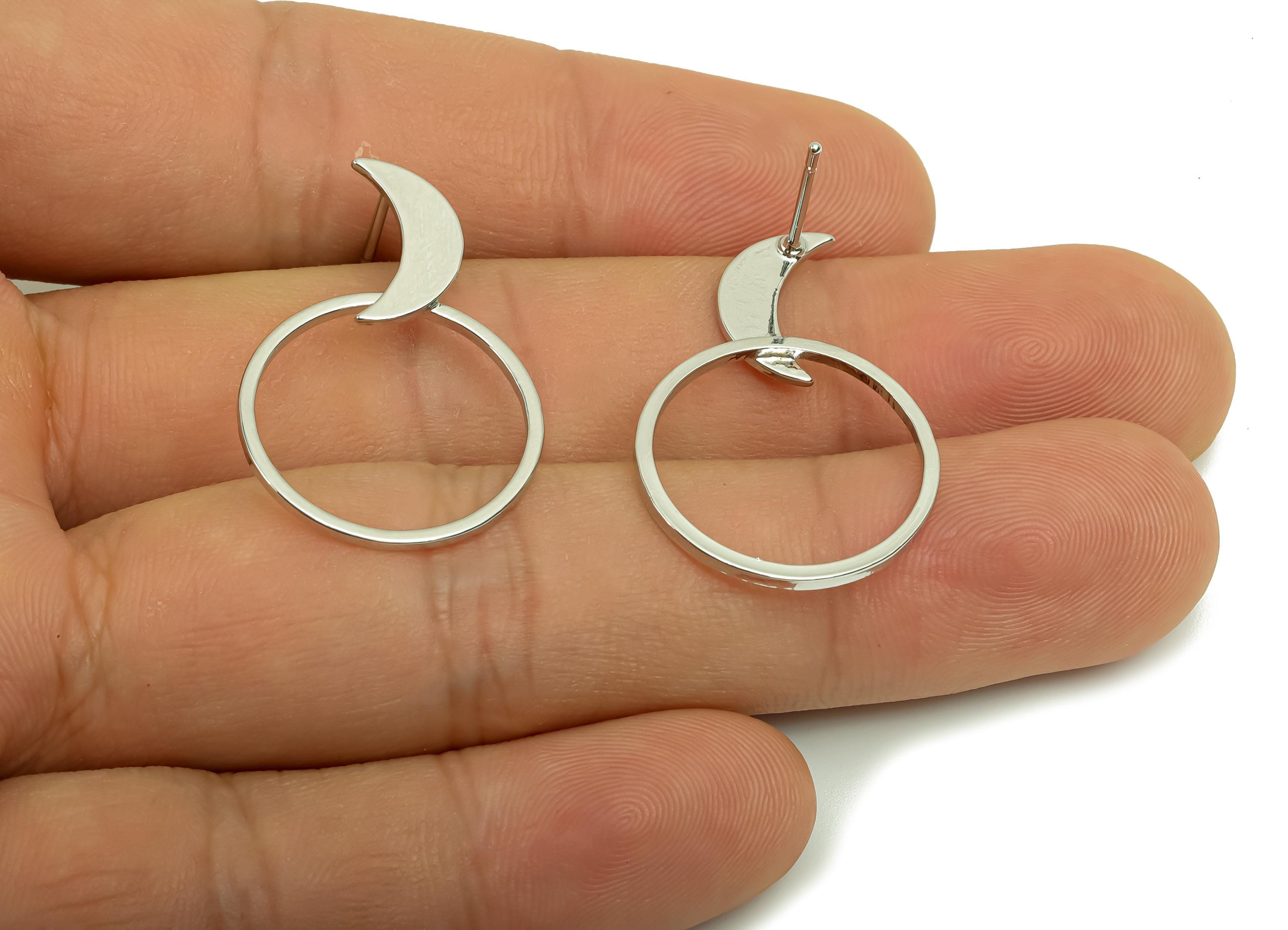 Brass Crescent Earring Post - Brass Round Earring Post - Brass Moon Earring Post - 18K Real White Gold Plating - 29.61x19.8x0.8mm - RGP8045 - DOMEDBAZAAR