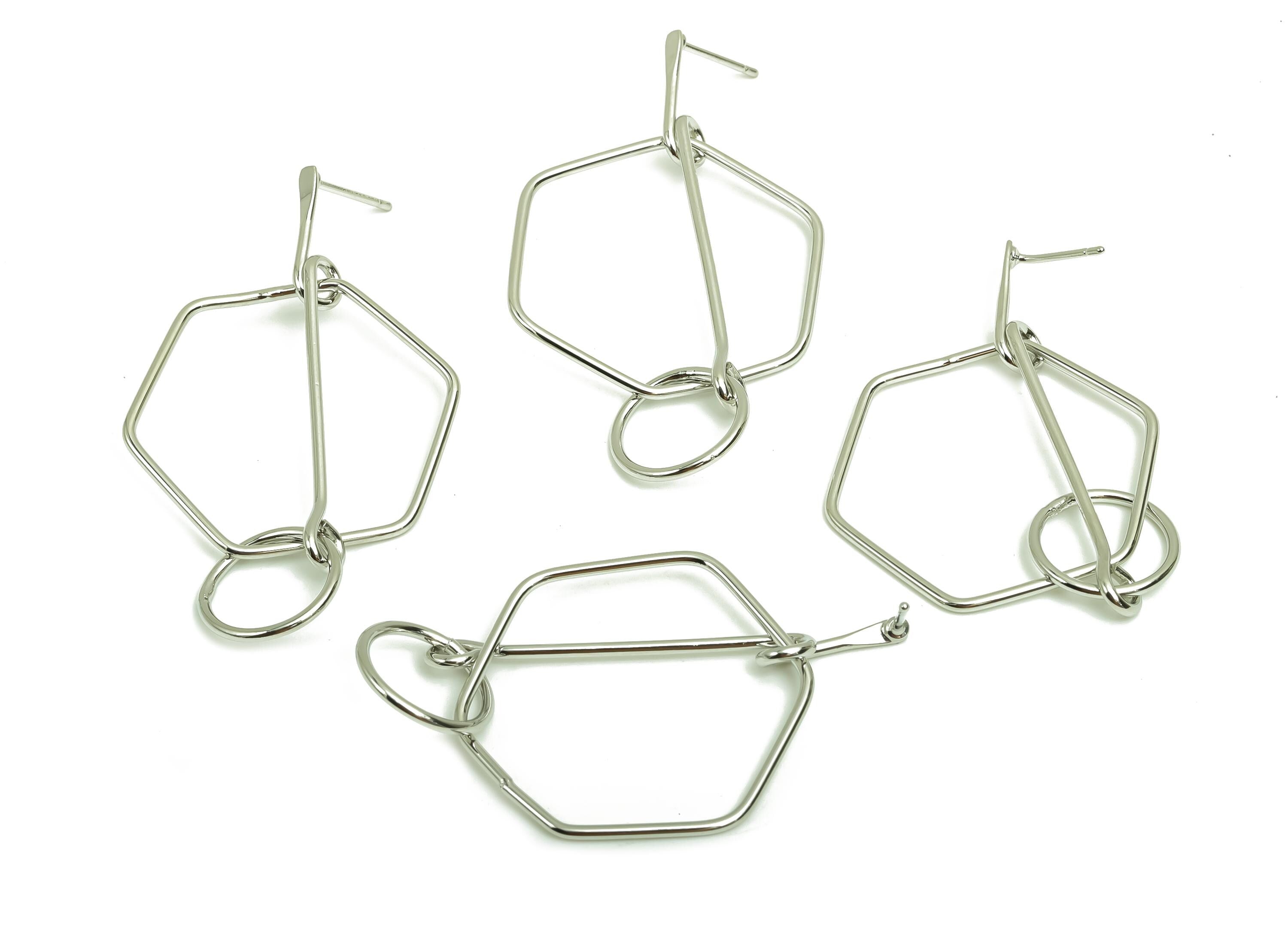 Brass Hammered Earring Post - Brass Dangle Hexagon Earring Stud - Geometry Earring Post - 18K Real White Gold Plating - 49x29x1mm - RGP8042 - DOMEDBAZAAR