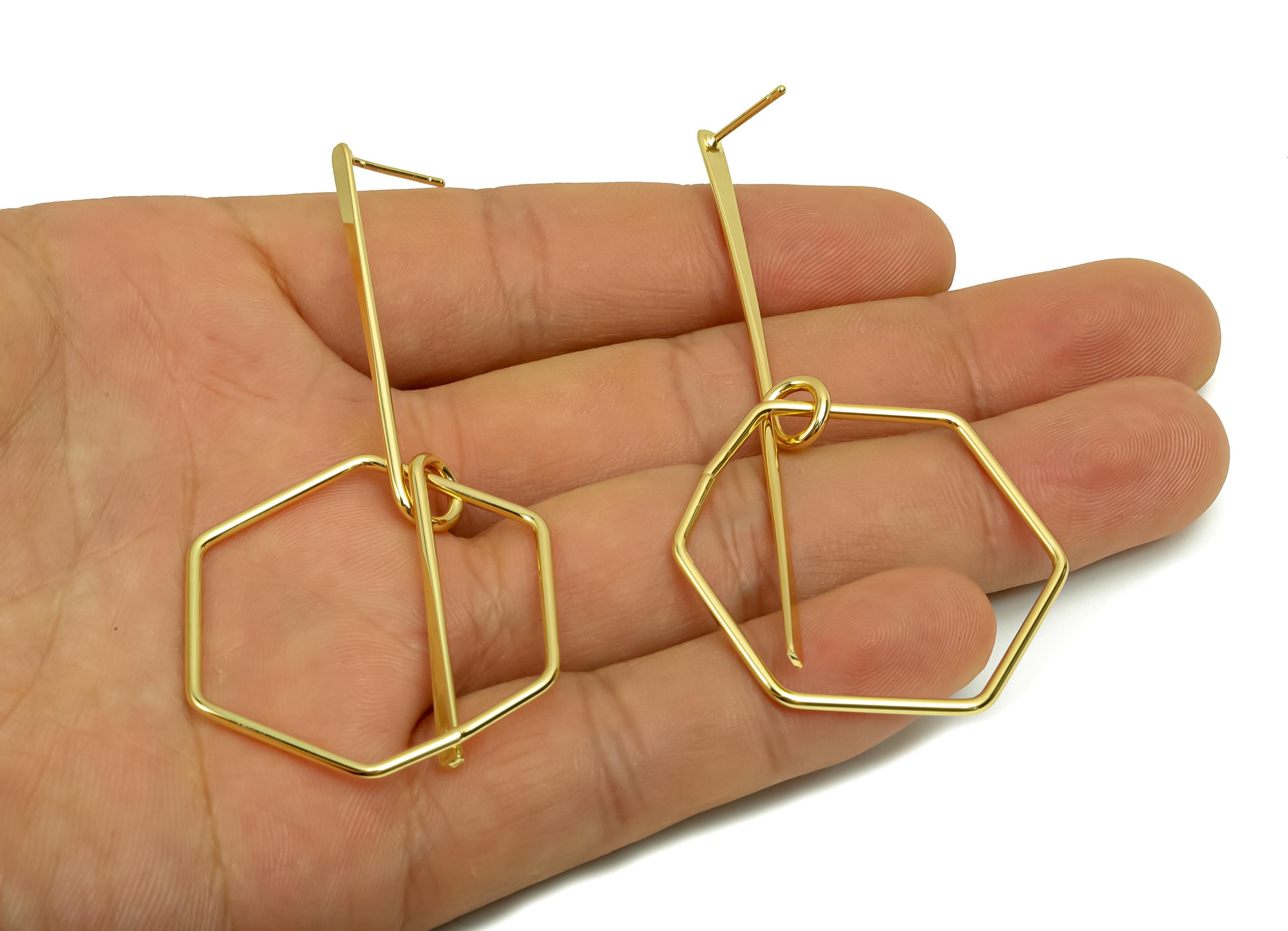 Brass Hammered Earring Post - Brass Hexagon Earring Post - Brass Dangle Earring Post - 18K Real Gold Plating - 78.5x35x0.93mm - RGP8029 - DOMEDBAZAAR