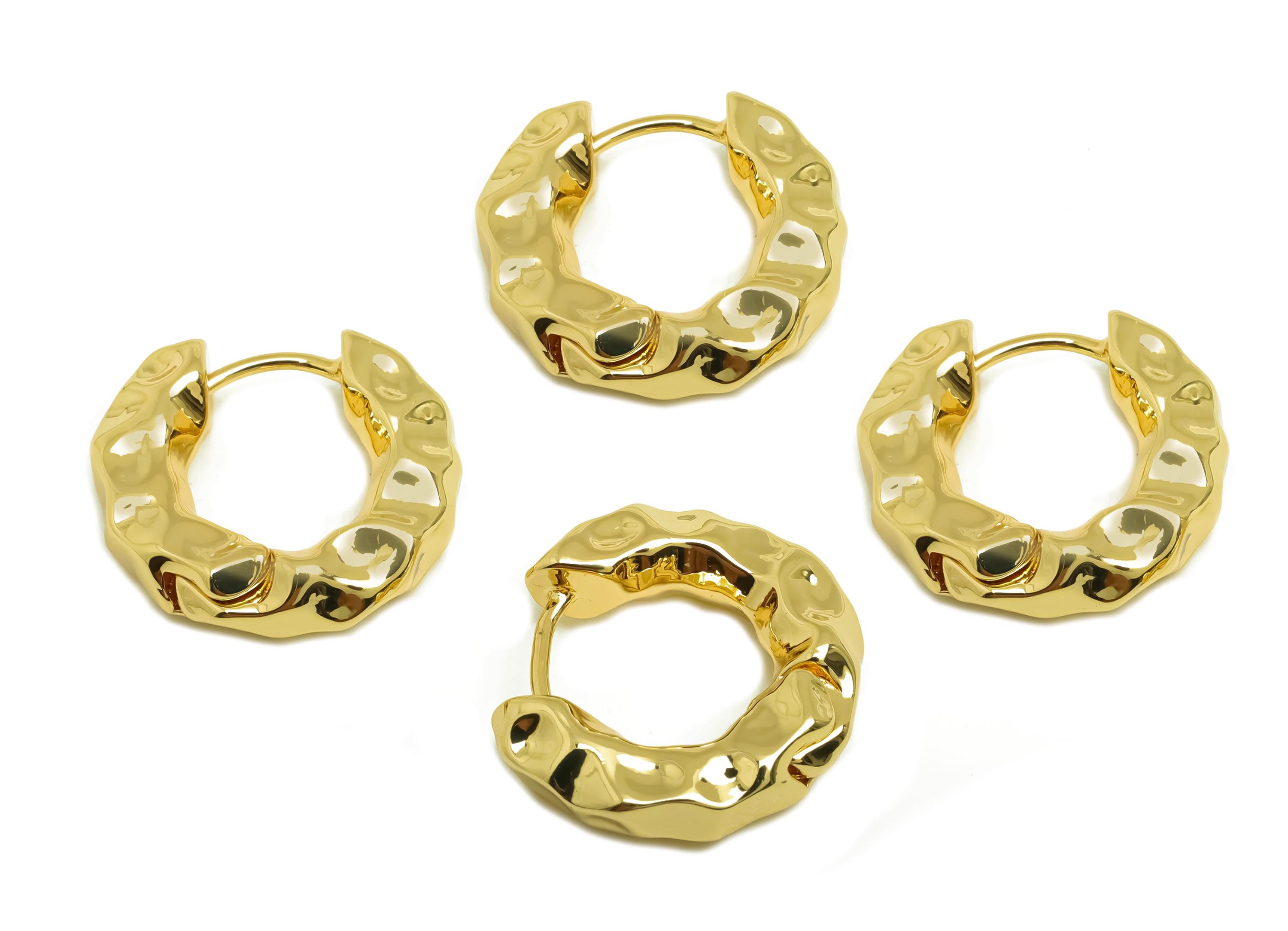 Brass Circle Huggie Earring - Gold Hammered Hoop Earrings - Thick Hammered Huggie Clasp - 18K Real Gold Plated -16.27x17.54x4.53mm - RGP7930 - DOMEDBAZAAR