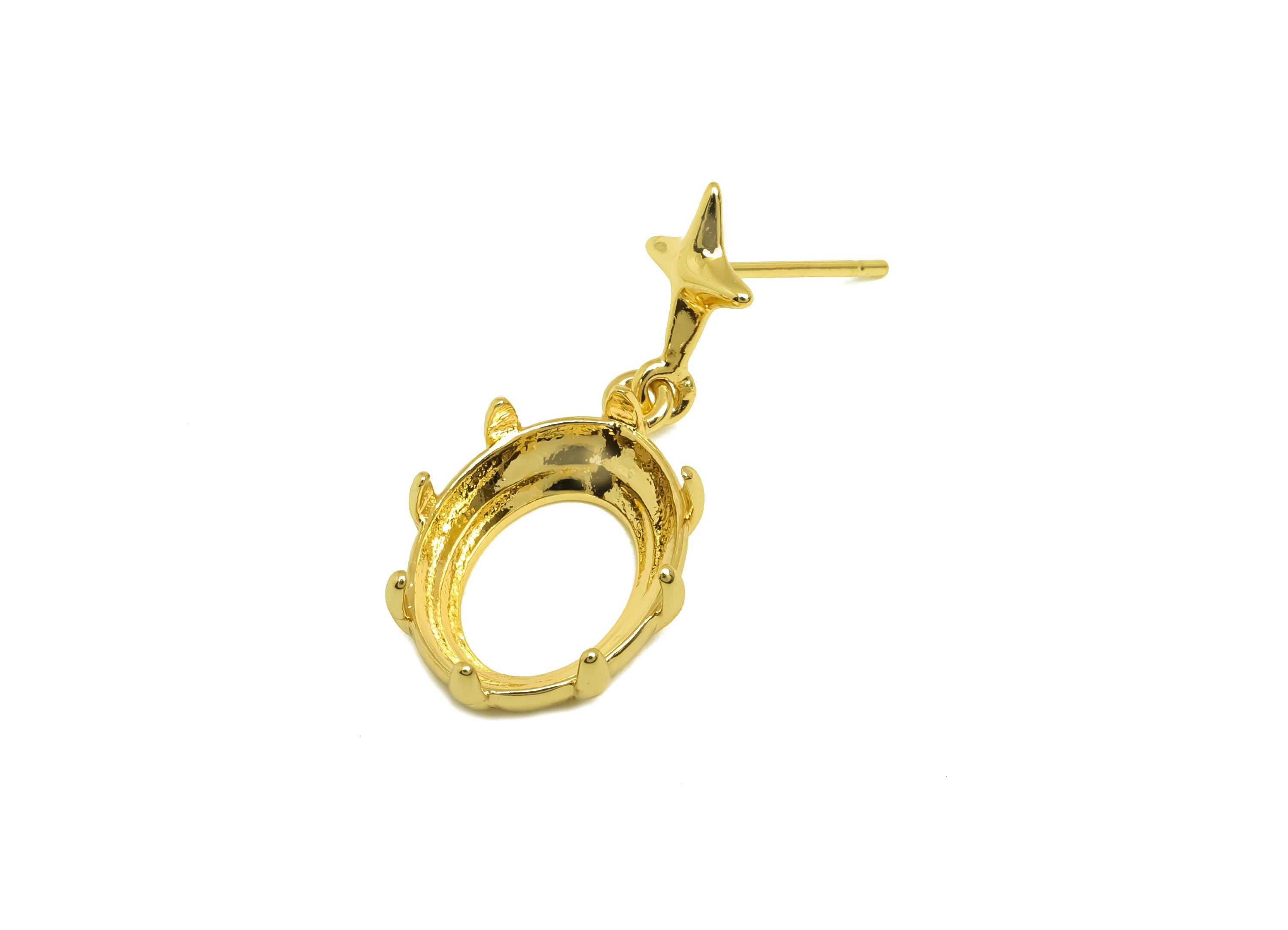 Brass Dangle Earring Setting - Star Oval Hanging Earring Post - Gold Oval Earring Setting - 18K Real Gold Plated - 29x13.69x1.23mm - RGP7931 - DOMEDBAZAAR