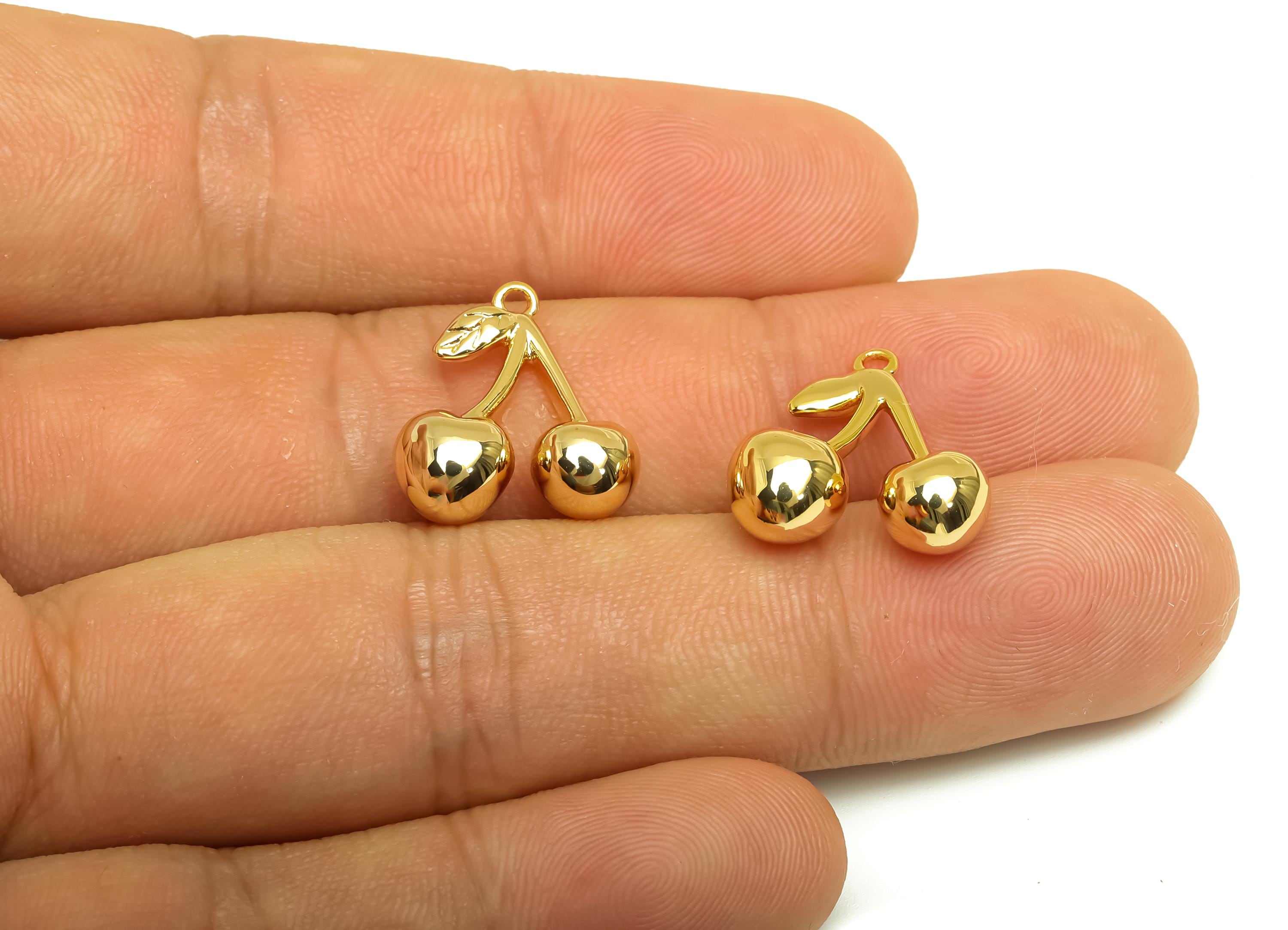 Brass Fruits Earring Charm - Gold Fruits Cherry Charm - Fruit Cherry Pendant with Loop - 18K Real Gold Plating - 17.69x15.3x1.8mm - RGP7933 - DOMEDBAZAAR