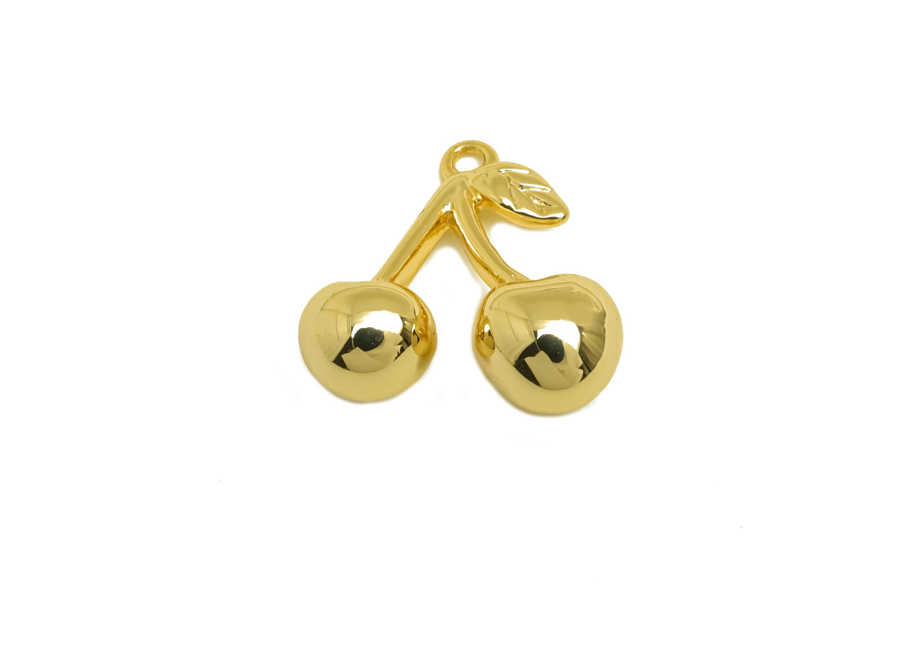 Brass Fruits Earring Charm - Gold Fruits Cherry Charm - Fruit Cherry Pendant with Loop - 18K Real Gold Plating - 17.69x15.3x1.8mm - RGP7933 - DOMEDBAZAAR