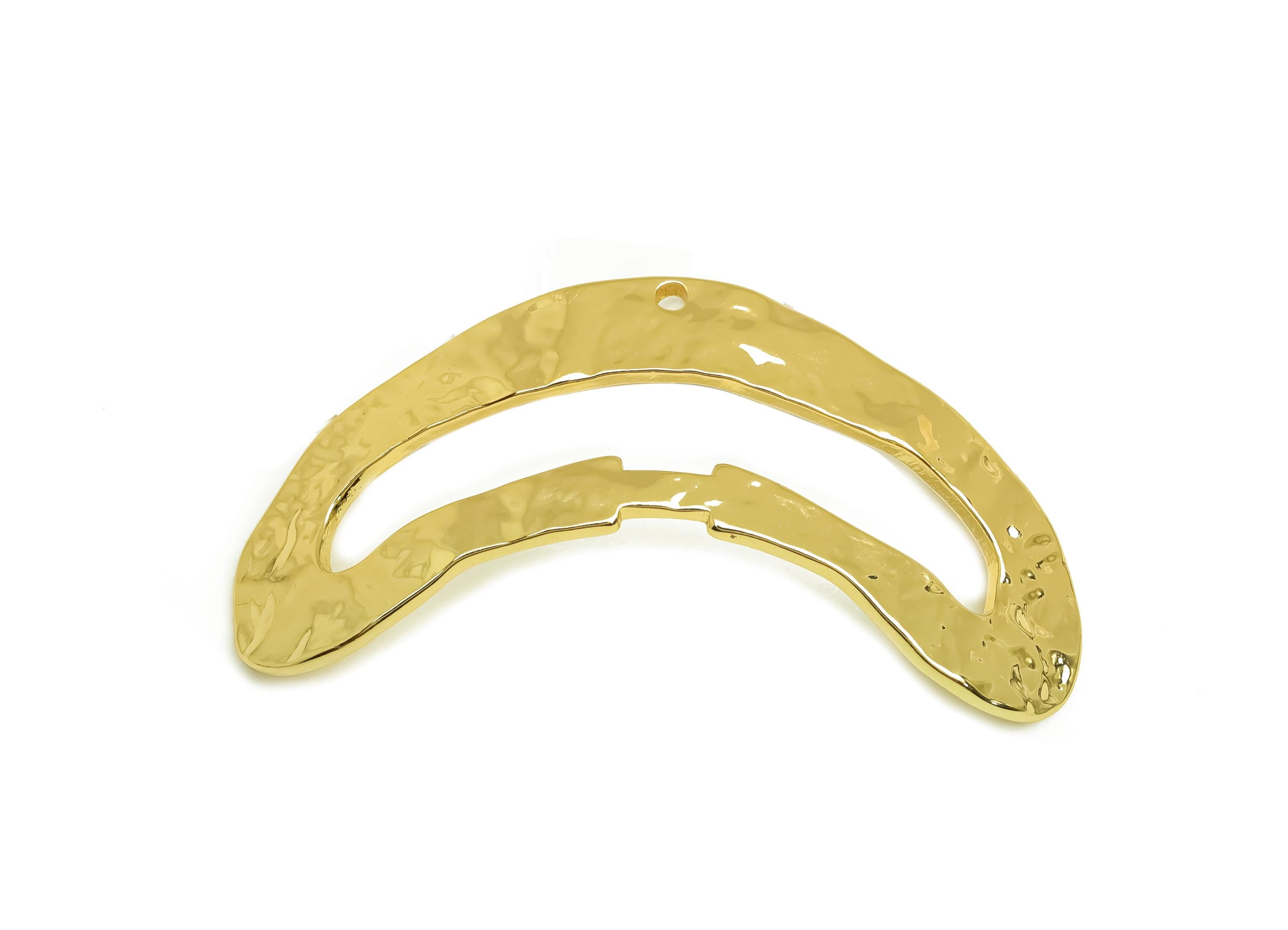 Brass Moon Earring Charm - Gold Curved Crescent Earring Charm - Hammered Curved Pendant - 18K Real Gold Plating -49.17x19.52x1.65mm- RGP7938 - DOMEDBAZAAR