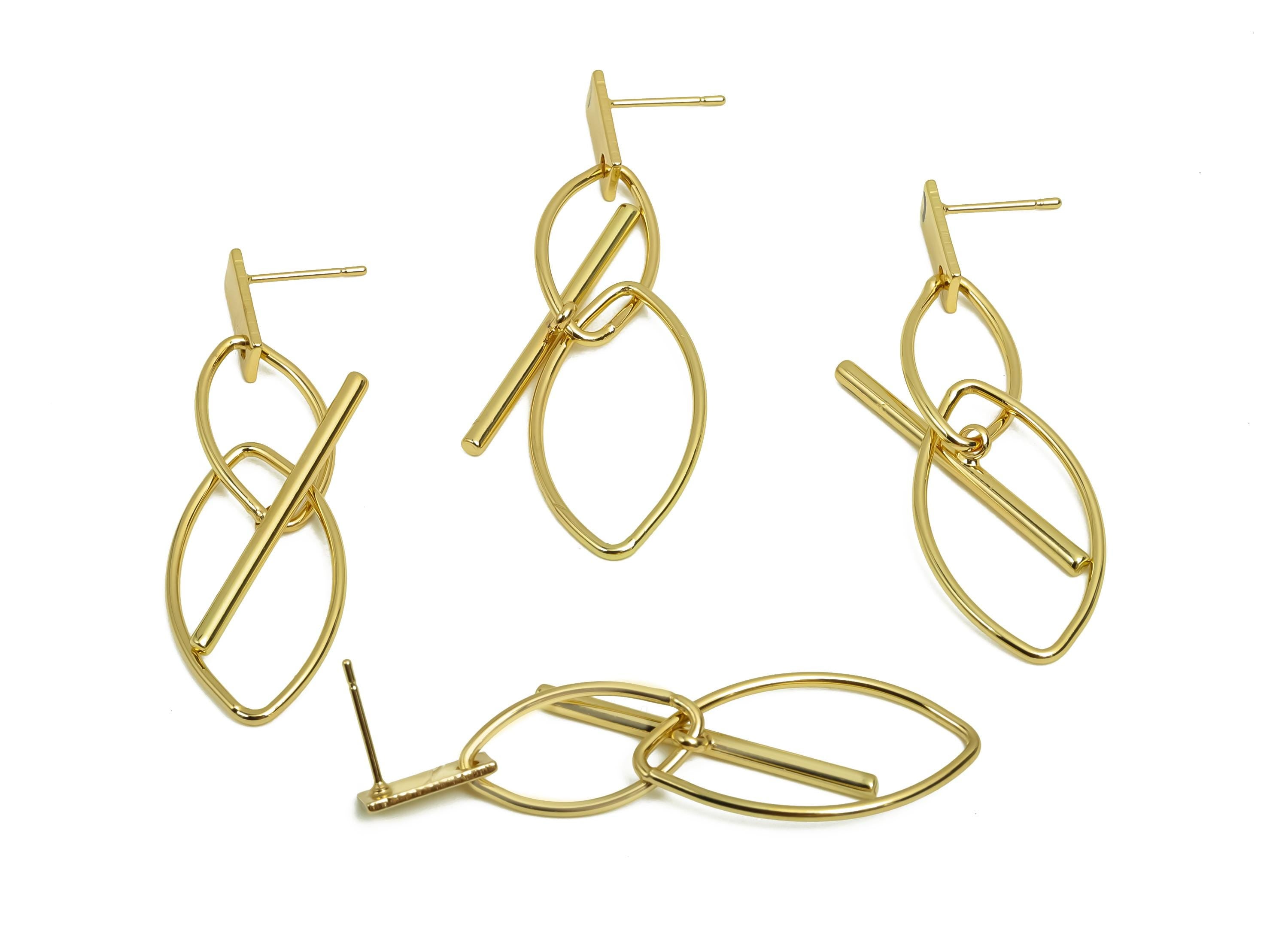 Brass Dangle Wire Earring Post - Brass Marquise Earring Post - Brass Interlock Earring Post - 18K Real Gold Plating - 52x14x1mm - RGP8011 - DOMEDBAZAAR