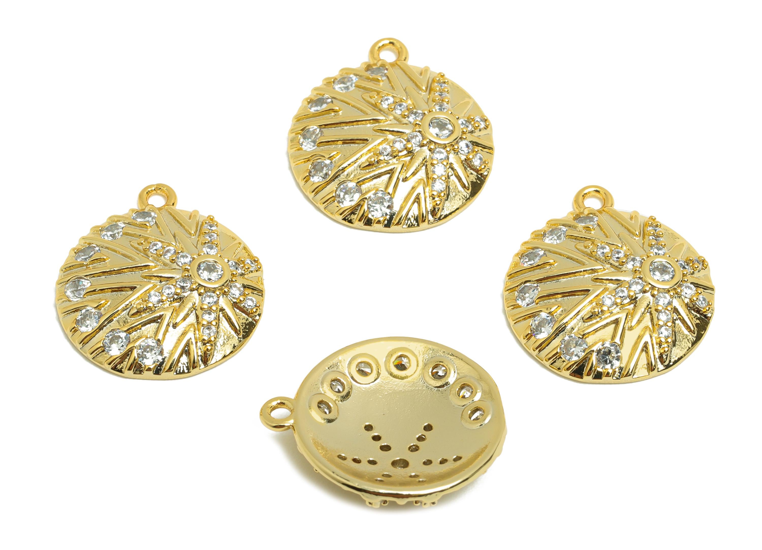 Brass Sunshine Earring Charm - Gold Textured Bracelet Charm - Zircon Round Pendant with Loop - 18K Real Gold Plated -17.05x15x3.4mm- RGP8559 - DOMEDBAZAAR