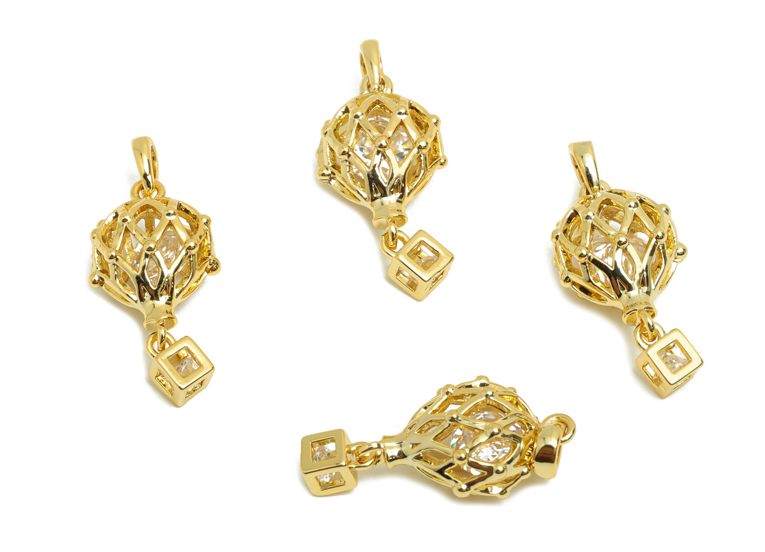 Brass Hot Air Balloon Charm - Zircon Earring Charm for Necklace - Gold CZ Hollow Pendant - 18K Real Gold Plating - 21x9.4x6.6mm - RGP8562 - DOMEDBAZAAR