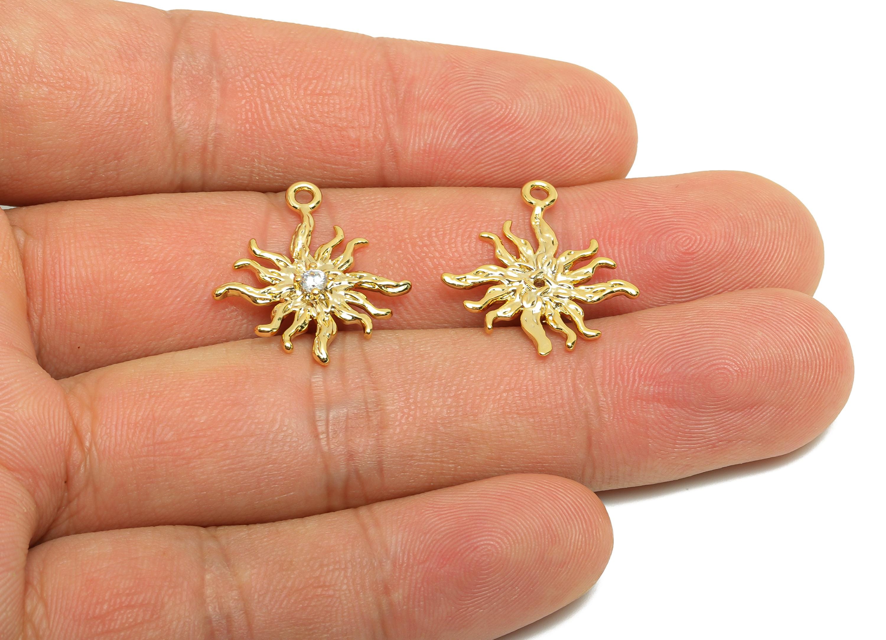 Brass Sun Earring Charm - Gold Hammered Bracelet Charm - Zircon Sunshine Pendant with Loop - 18K Real Gold Plating - 22x17x2.7mm - RGP8566 - DOMEDBAZAAR