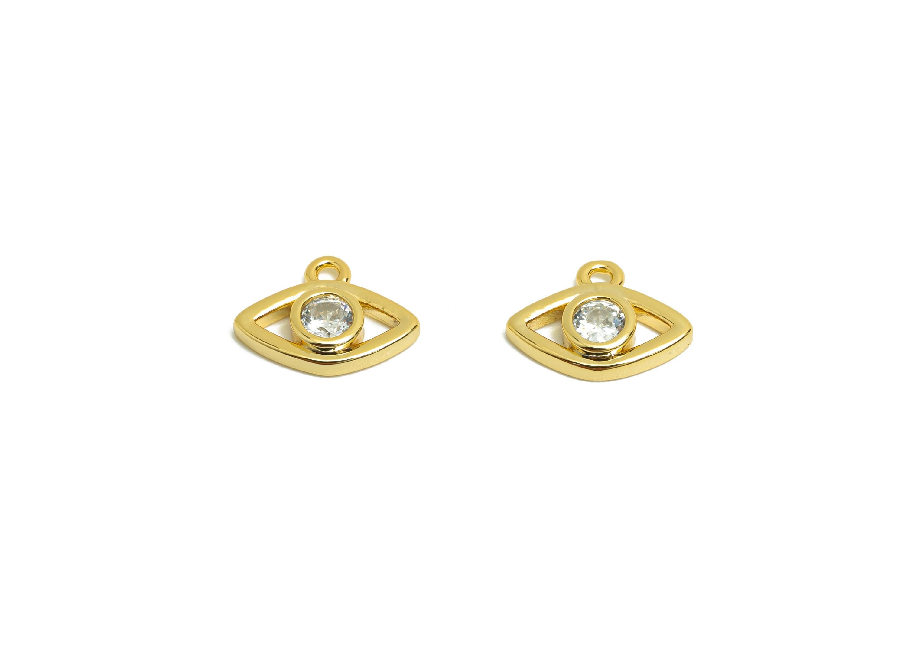 Brass Eye Earring Charm - Gold Marquise Charm for Bracelet - Mini Zircon Pendant with Loop - 18K Real Gold Plating - 9.9x7.5x1.9mm - RGP8569 - DOMEDBAZAAR