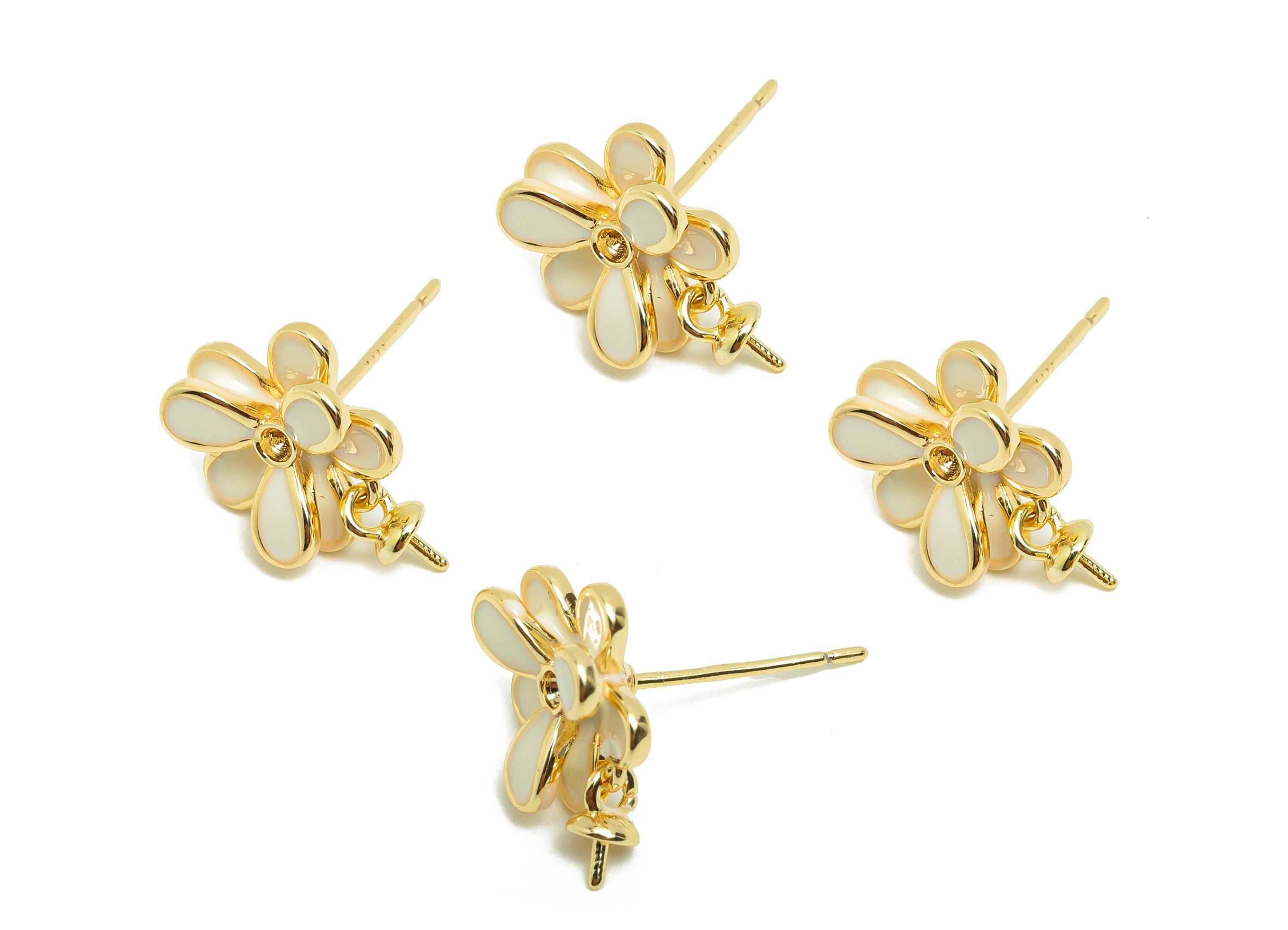 Brass Flower Earring Stud - Brass Enamel Earring Post For Pearl - Gold Jewelry -925 Silver Post - 18K Real Gold Plated - 14x11x4mm -RGP9979 - DOMEDBAZAAR