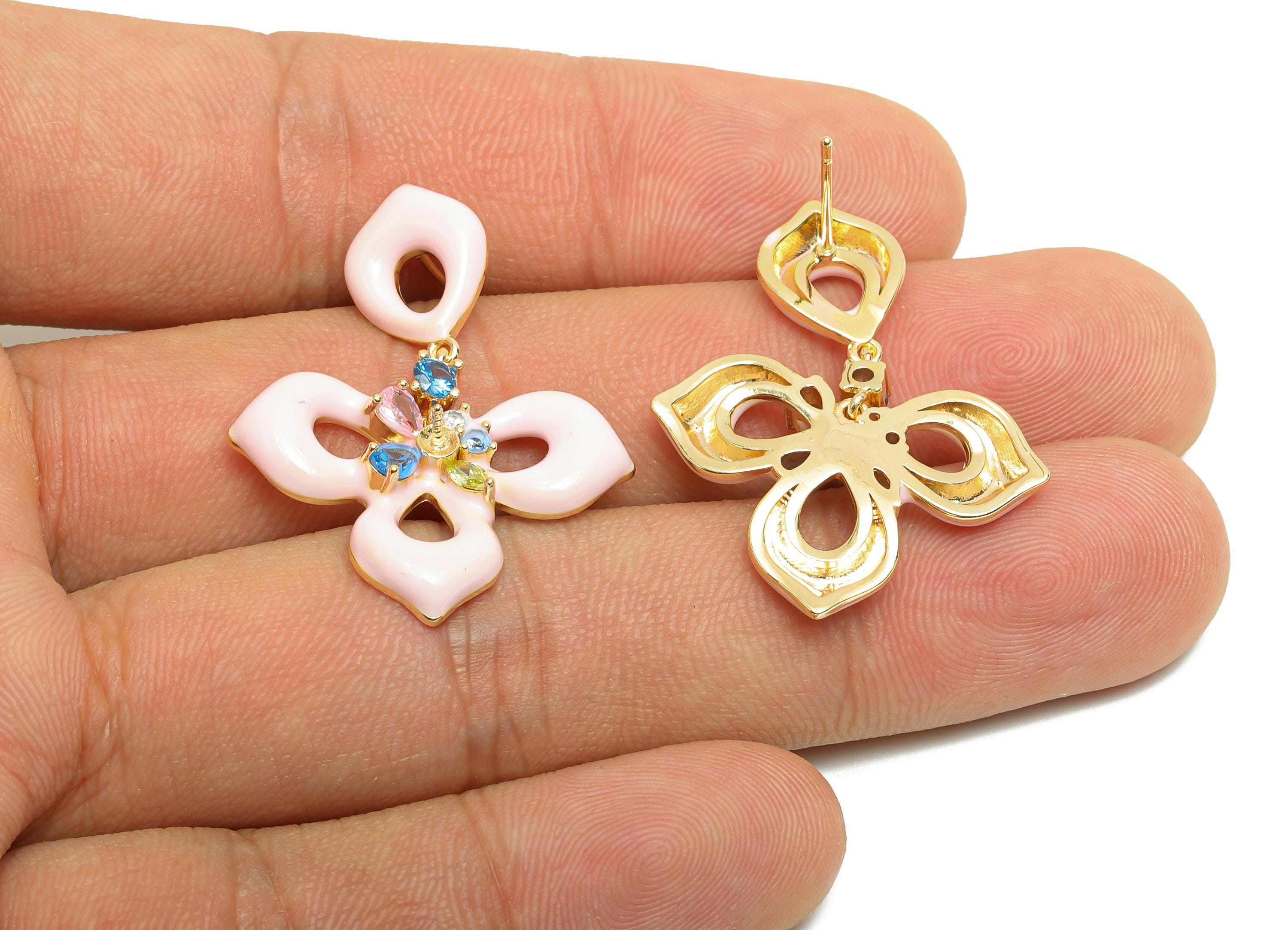 Brass Flower Earring Stud - Rainbow Zircon Enamel Earring Post - Gold Jewelry - Silver Post - 18K Real Gold Plated - 35x26.9x4mm - RGP9970 - DOMEDBAZAAR