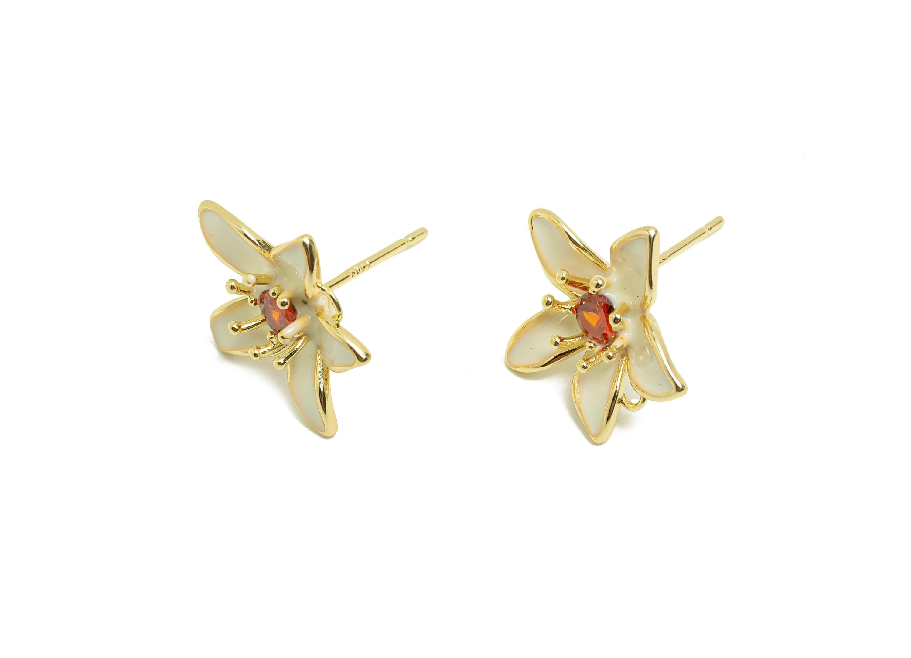 Brass Flower Earring Stud - Brass White Enamel Earring Post - Gold Jewelry - Zircon Earring Post - 18K Real Gold Plated - 15x15x5mm -RGP9993 - DOMEDBAZAAR