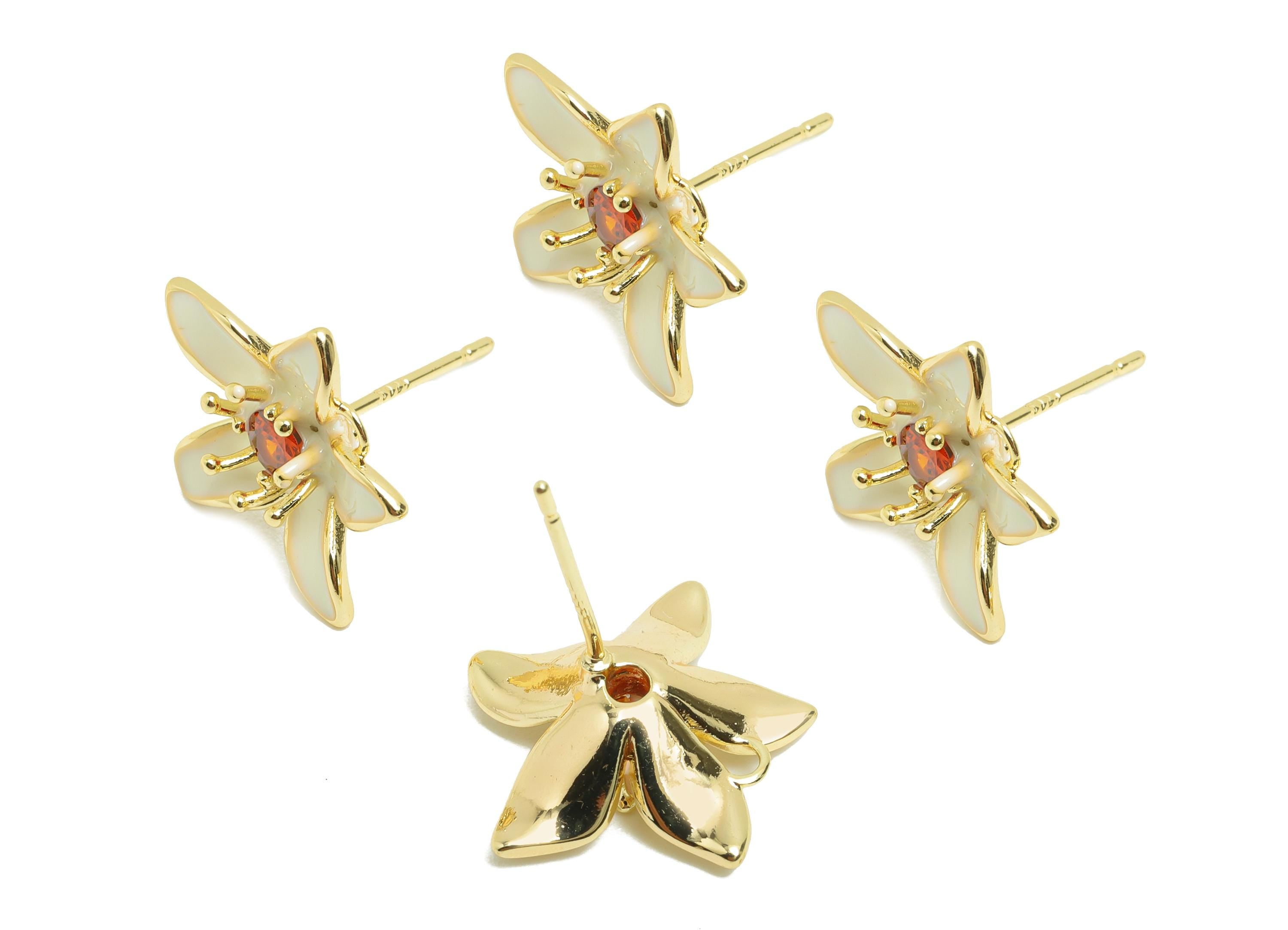 Brass Flower Earring Stud - Brass White Enamel Earring Post - Gold Jewelry - Zircon Earring Post - 18K Real Gold Plated - 15x15x5mm -RGP9993 - DOMEDBAZAAR